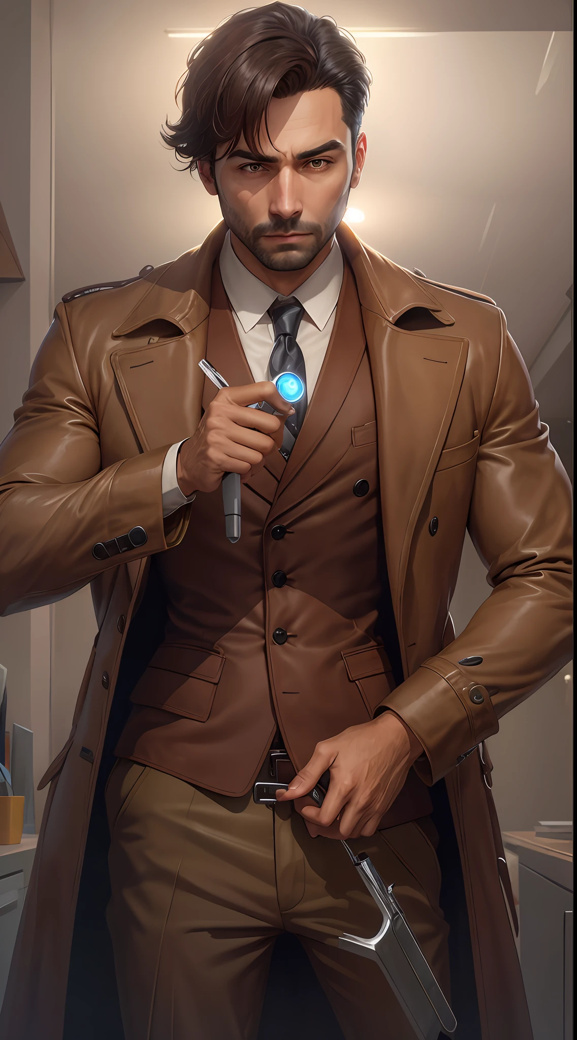 A detective in brown coat, with magnifying glass in left hand, and forceps in the right hand, expanded image.