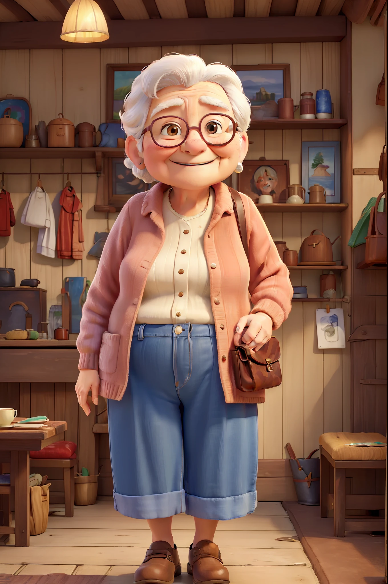 (((High-quality original art))), Happy grandma, Quality portraits, Chubby old woman, smiling expression, Country paths, plain shirt, Big red sweater, Wallet in hand, An atmosphere of happiness,