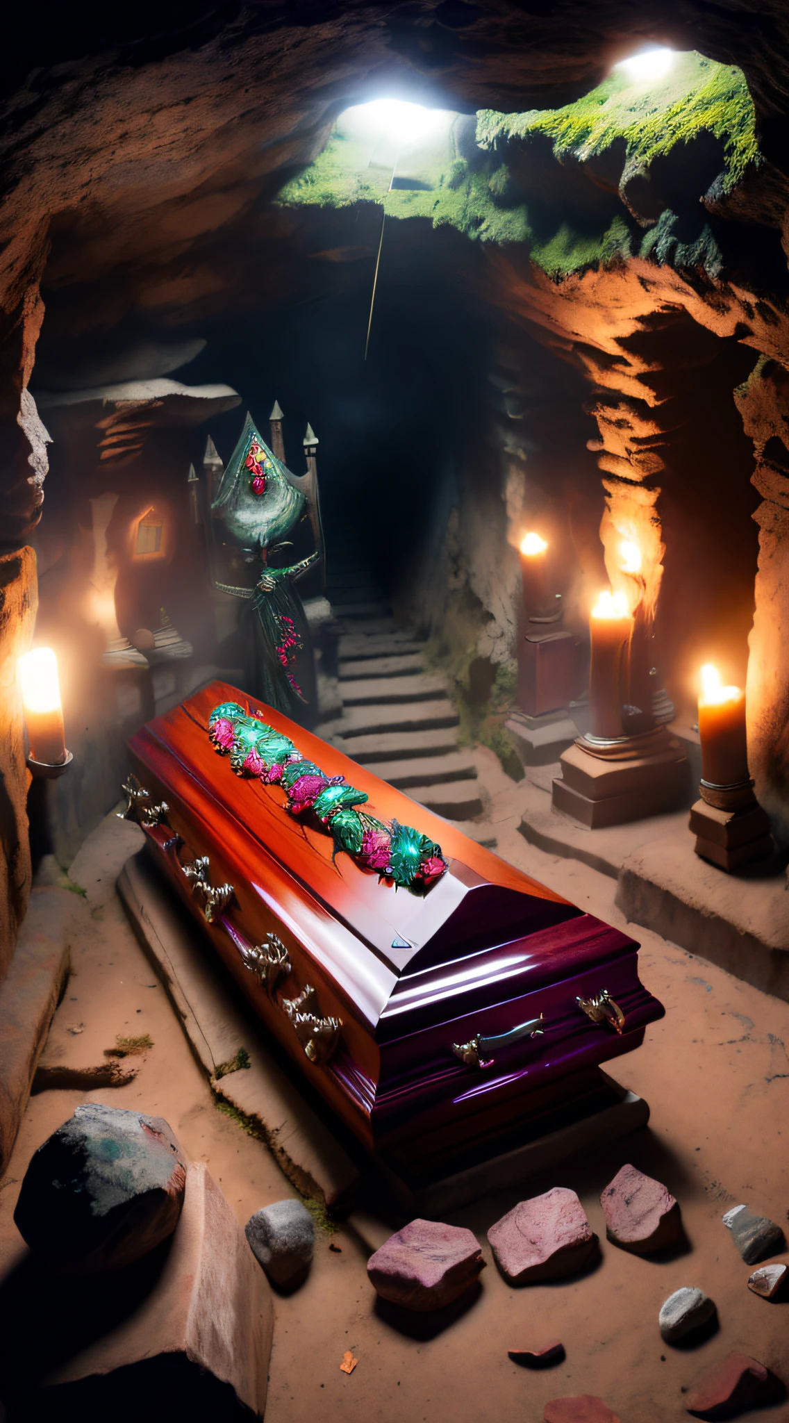 （Ancient underground style：1）In the grave，Terrifying atmosphere，A coffin made of fine mahogany is placed in the middle of the burial chamber，The exterior is set with gemstones and dragon motifs