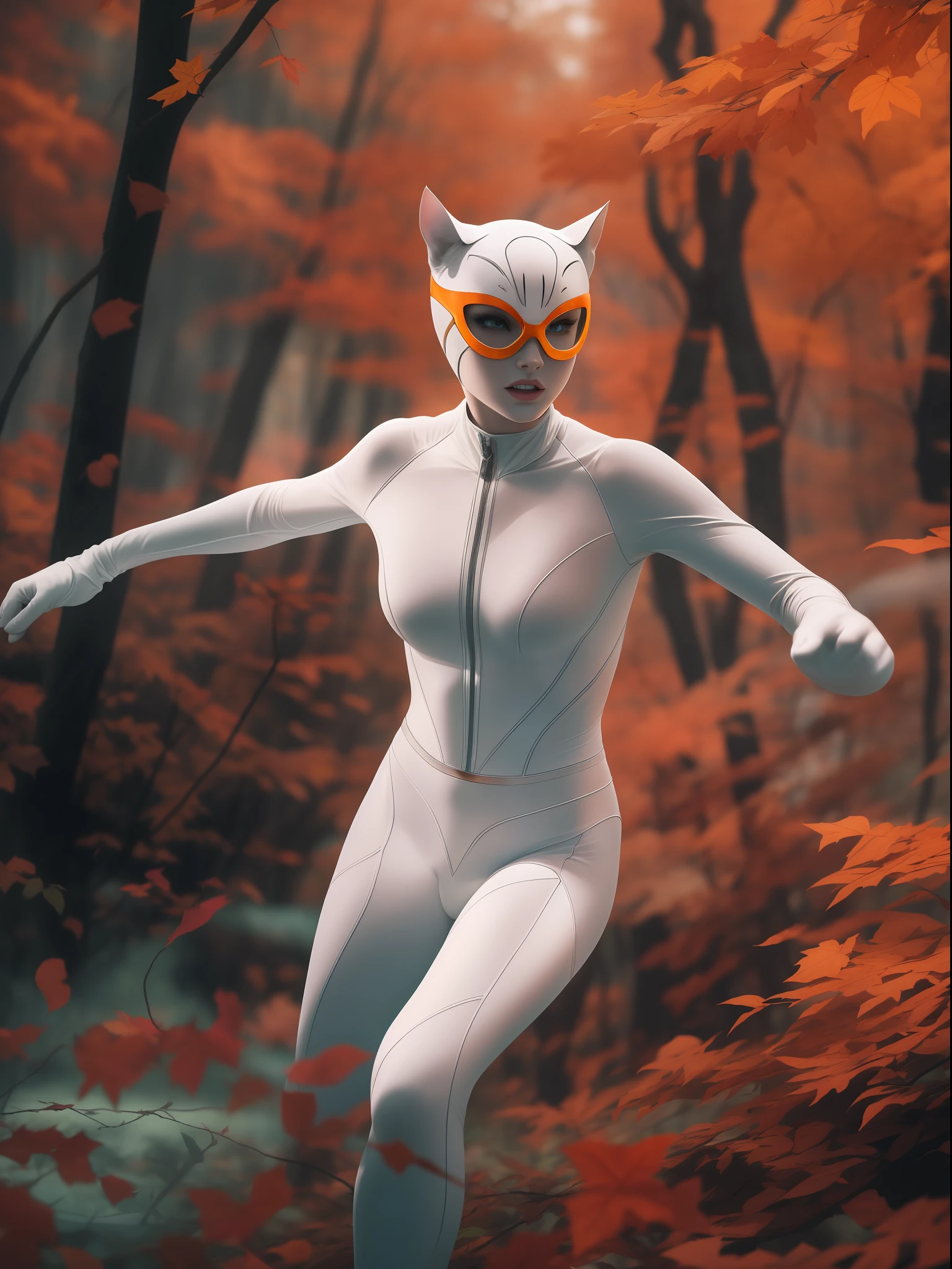 A mesmerizing image of a striking, yet human-like white catwoman leaping and charging in a vibrant forest. The cat's vibrant attire and vibrant eyes evoke a sense of power and confidence, leading the viewer's eyes to follow her path of destruction. The ambient light adds depth to the scene, enhancing the breathtaking nature and the fantastical creatures. standard lens, medium aperture, high contrast