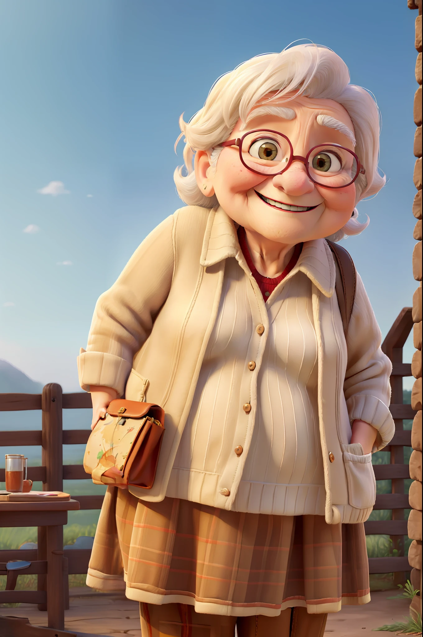 (((High-quality original art))), Happy grandma, Quality portraits, Chubby old woman, smiling expression, Country paths, plain shirt, Big red sweater, Wallet in hand, An atmosphere of happiness,