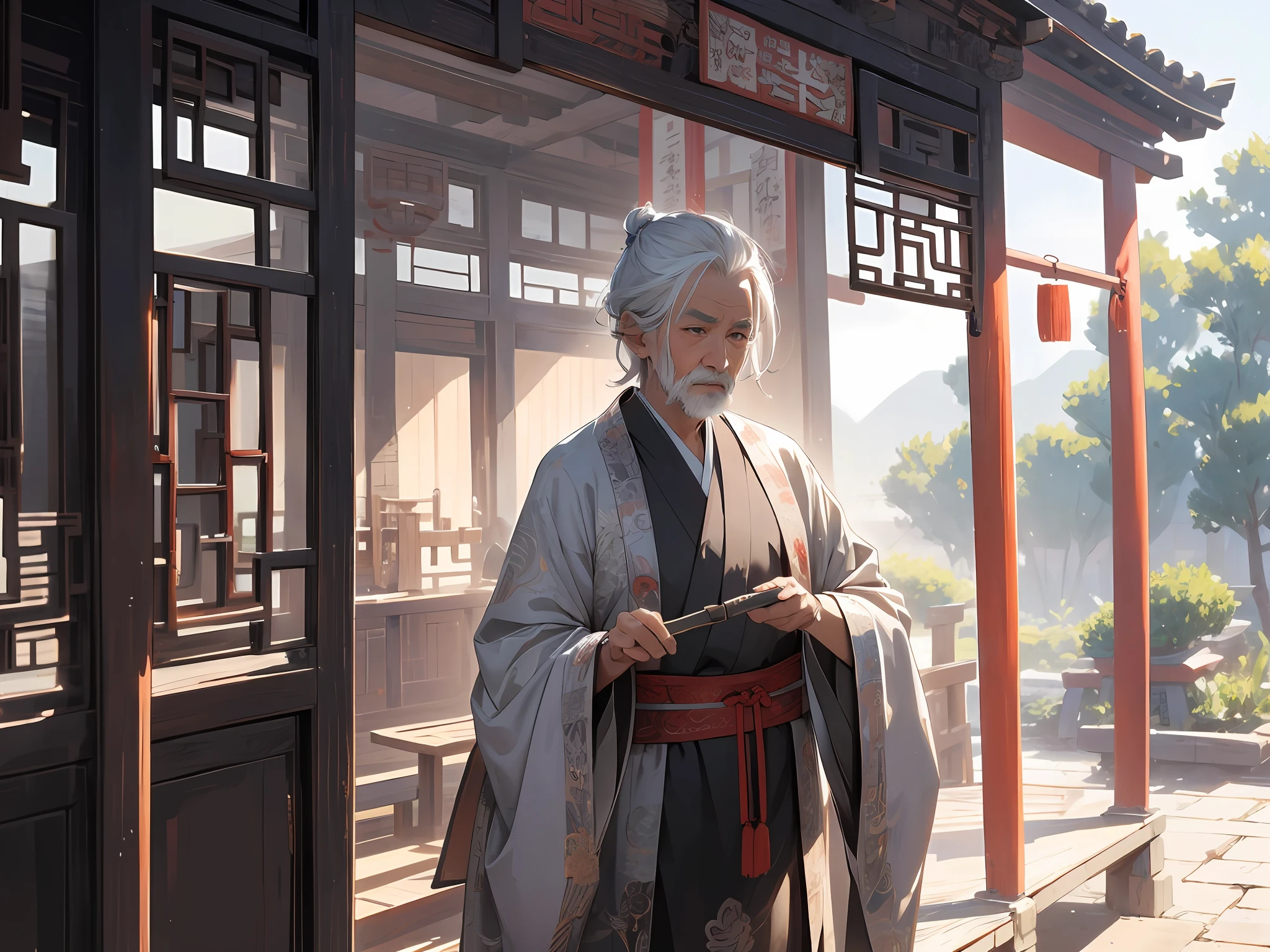 Masterpiece, Best quality,On winding dirt roads，Ancient Chinese palanquin,A short white hair can be seen inside the window、Old man with a wrinkled face，Dressed in black Hanfu，