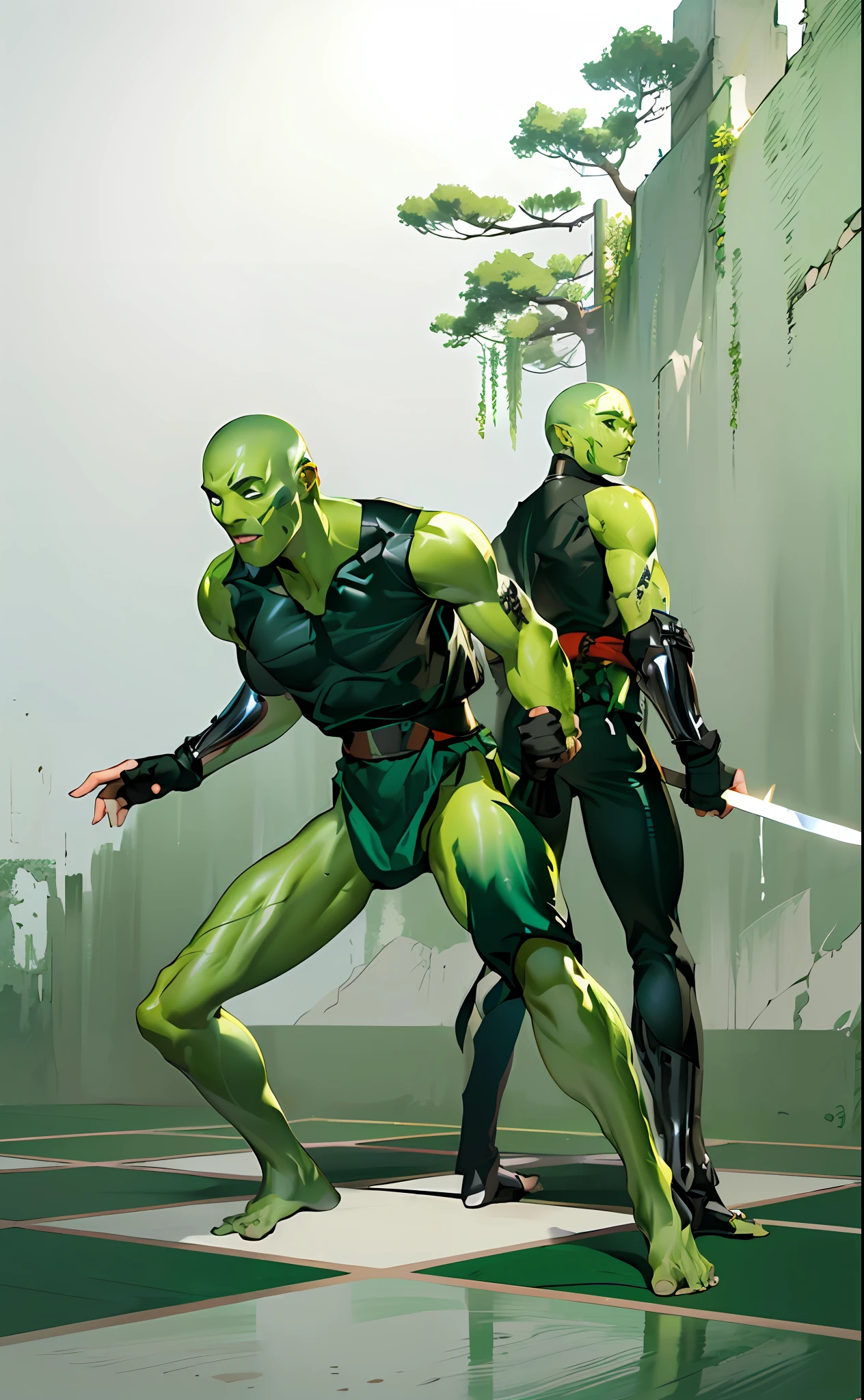 masterpiece, hd quality,1boy, solo, (green_skin:1.9), (grey_fullbody clothingr:1.4), ((white_ponytail hair with a fade)), (black samurai armor:1.1), black shoulder armor, red nike shoes, (black_fingerless gloves:1.5), dynamic pose, (holding a katana:1.3), shot from the side, unsheating his katana, (white_background:1.3), trending in artstation, trending in pixiv