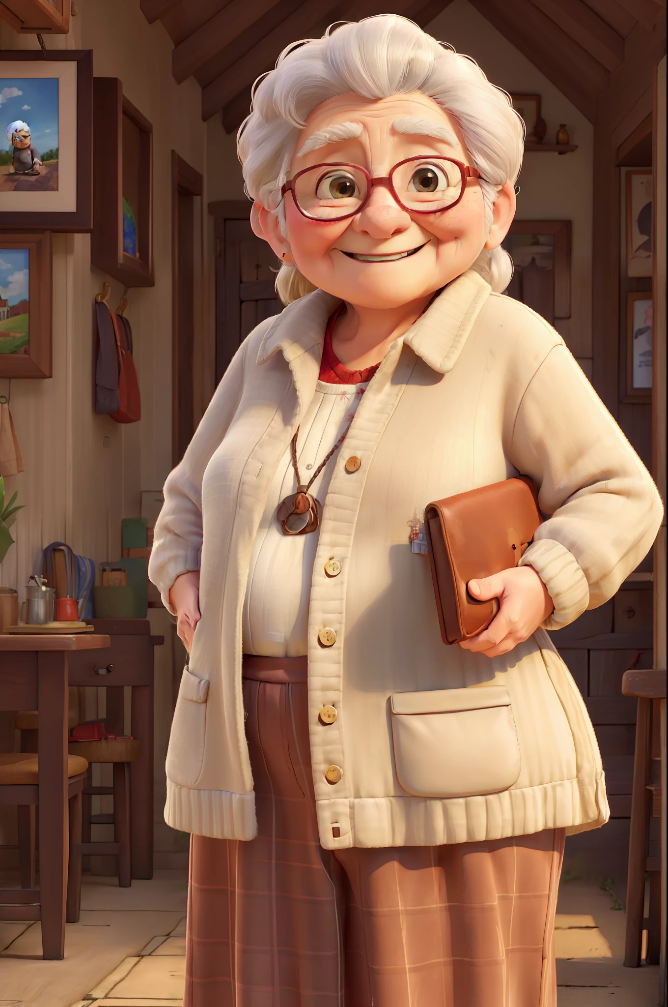 (((High-quality original art))), Happy grandma, Quality portraits, Chubby old woman, smiling expression, Country paths, plain shirt, Big red sweater, Wallet in hand, An atmosphere of happiness,