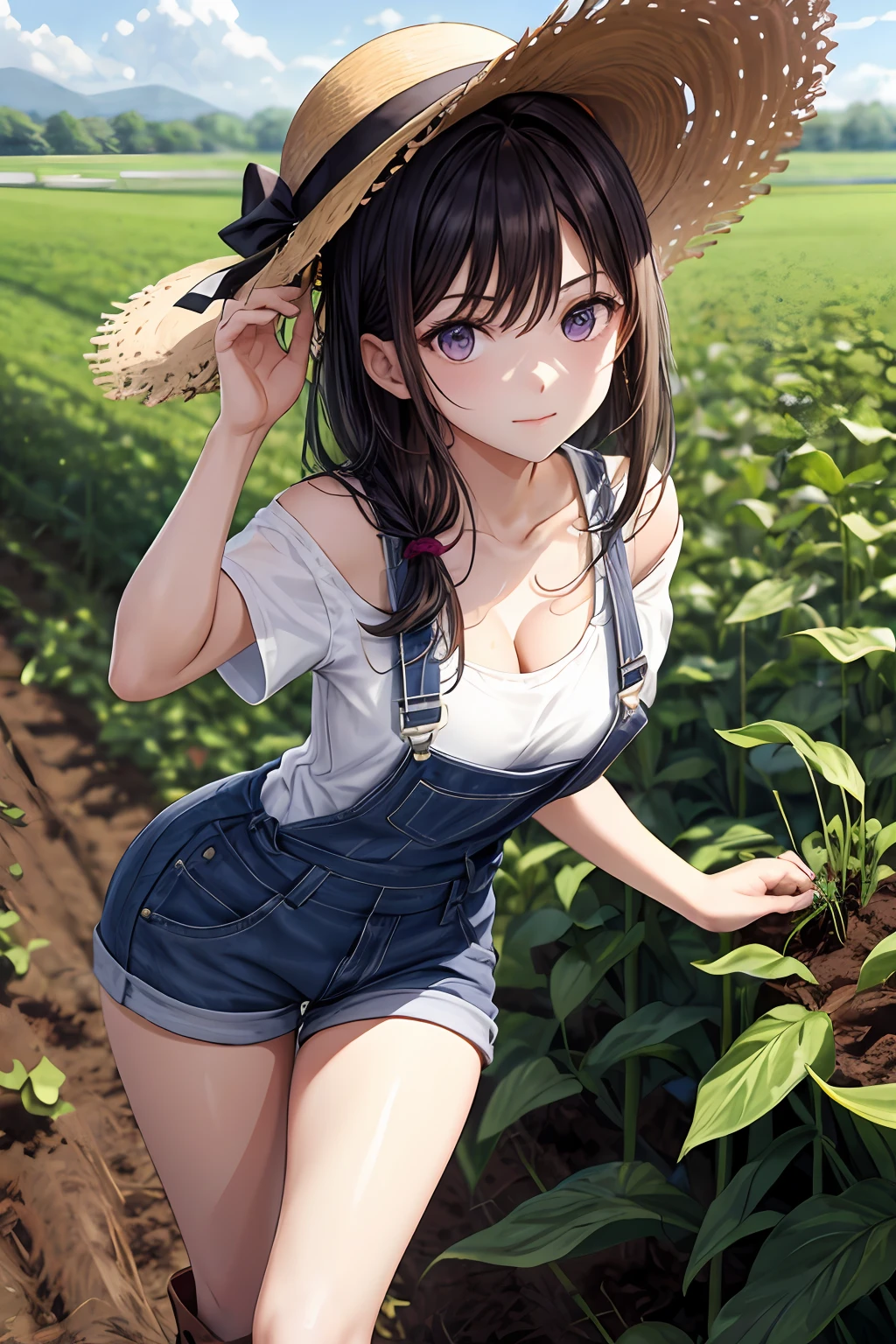 1girl, young girl, lovely_purple eyes, dark red, frohawk, arrogant _face, shiny skin, medium breasts, nice leg line:1.3, thick thighs, thin waist, Farmer, Simple, functional clothing appropriate for outdoor work, such as a straw hat, overalls, and sturdy boots, A large field or farm with crops growing and Japanese cucumber, Tending to the land, with a Japanese cucumber in hand, Planting seeds or harvesting crops, tending to livestock, Content and at peace, High_point_with_a_clear_view_of_the_stars, looking at viewer, random pose, dynamic angle, cleavage, bare shoulders, masterpiece, best quality