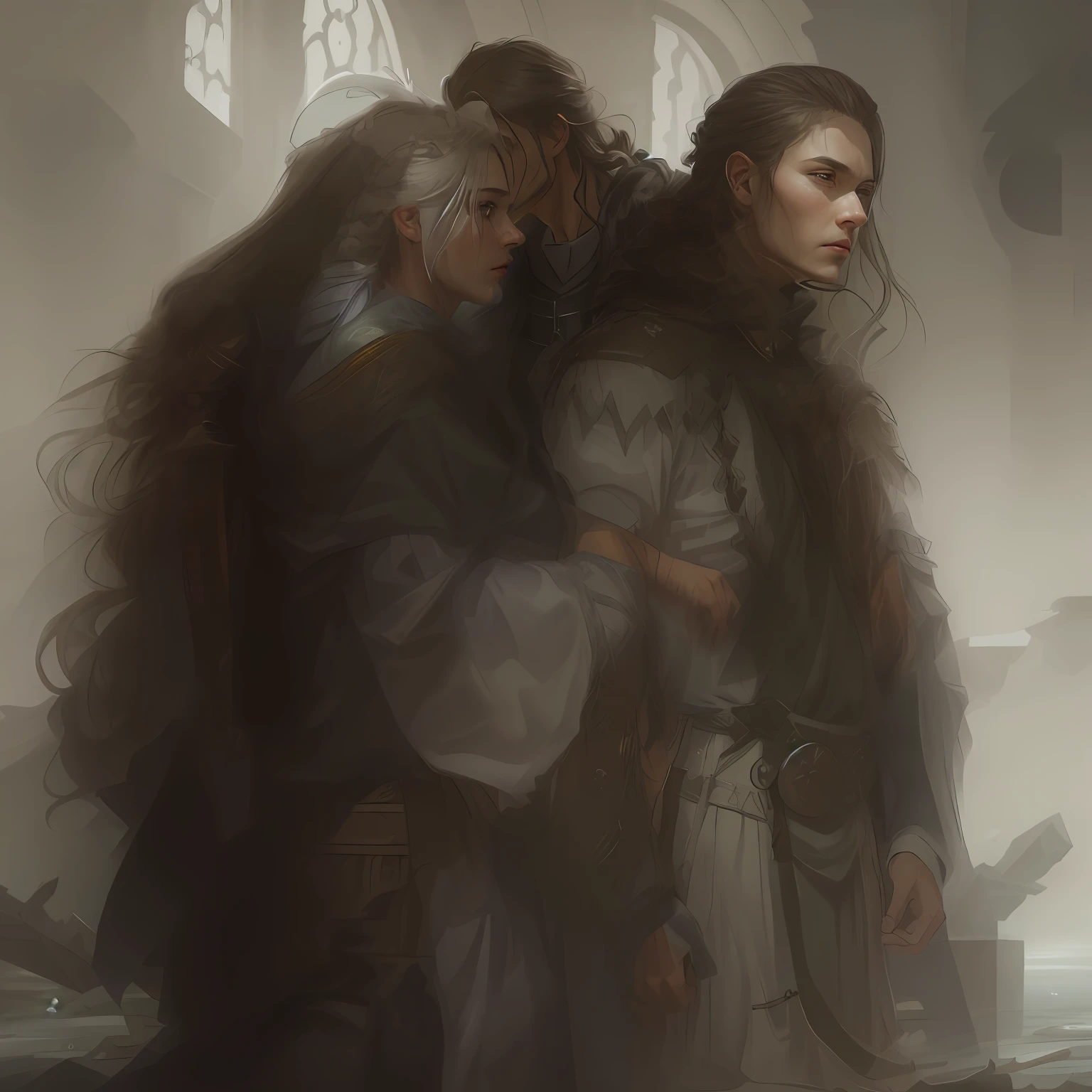scenery, A huge ruined room with traces of battle, Duo of a woman and a man, side-view, Hi-Def, ultradetail, European facial features, realeme fentezi, Pattern, portraite of a, side glance: woman's, 46 years old, dark brown long hair, dark eyes, Frowning, A fighting look into the distance, dressed in an old shabby gray cloak,Beautiful handkerchief, wrapped around her head, Hands raised up, Clarity: 8 months, scenery: side view Huge throne room with large windows, A 46-year-old woman in an old raincoat stands near a throne, Ao fundo, Near the throne, A man hugs a woman by the shoulders, Rear side view: A man hugs a woman by the shoulders, Standing behind the throne of steam (((male)), fashion photography, (Full portrait), (half), 独奏, Detailed background, Detailed Face, (stonepunkAI, Stone theme:1.1), wise, (beautiful hair, braid: 0.2), shaman, The partition is harsh, mysterious, (Gorgeous face), Stunning, The head is tilted upwards, (calm expression on his face), Calm, Intimate Interaction. detailed clothes, realistic skin texture, Clear Focus, voluminous lighting, Good moments, Good shadows, sub-surface Scattering, Complex, Highly detailed, ((film)), dramatic, (Highest Quality, Award-winning, Masterpiece: 1.5), (Realism)