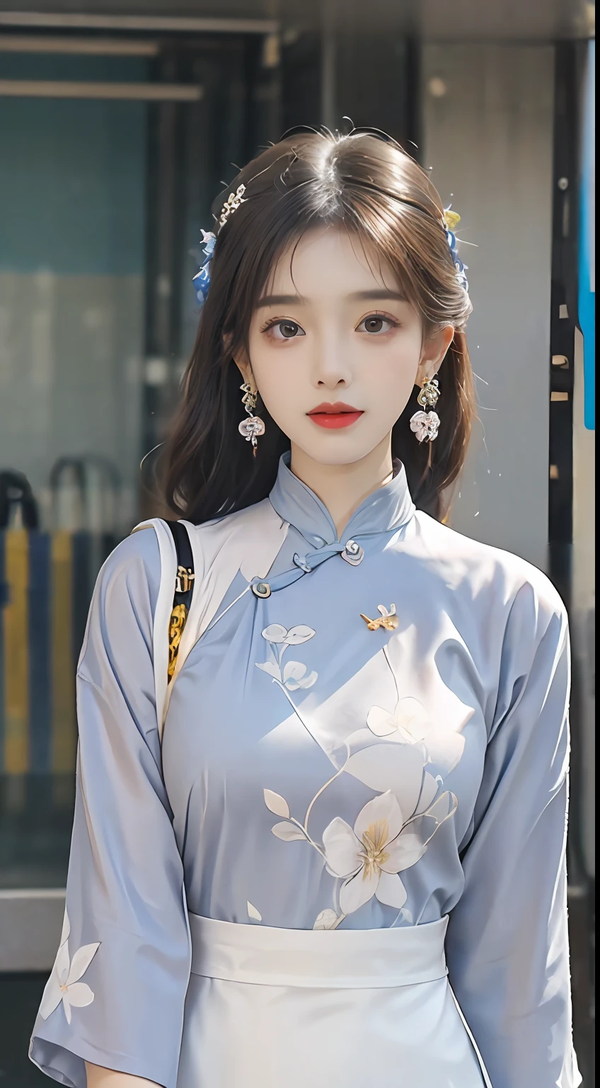 (Masterpiece, Top quality, Best quality, offcial art, Beautiful and aesthetic:1.2), (a beautiful girl in vintage aodai:1.3), Extremely detailed,(Fractal art:1.1),(Colorful:1.1)(Flowers:1.3),highest details,(zentangle:1.2), (Dynamic pose), street, Cyberpunk, (vietnam Traditional aodai:1.2), (Shiny skin), (many color:1.4), ,(Earrings:1.4),