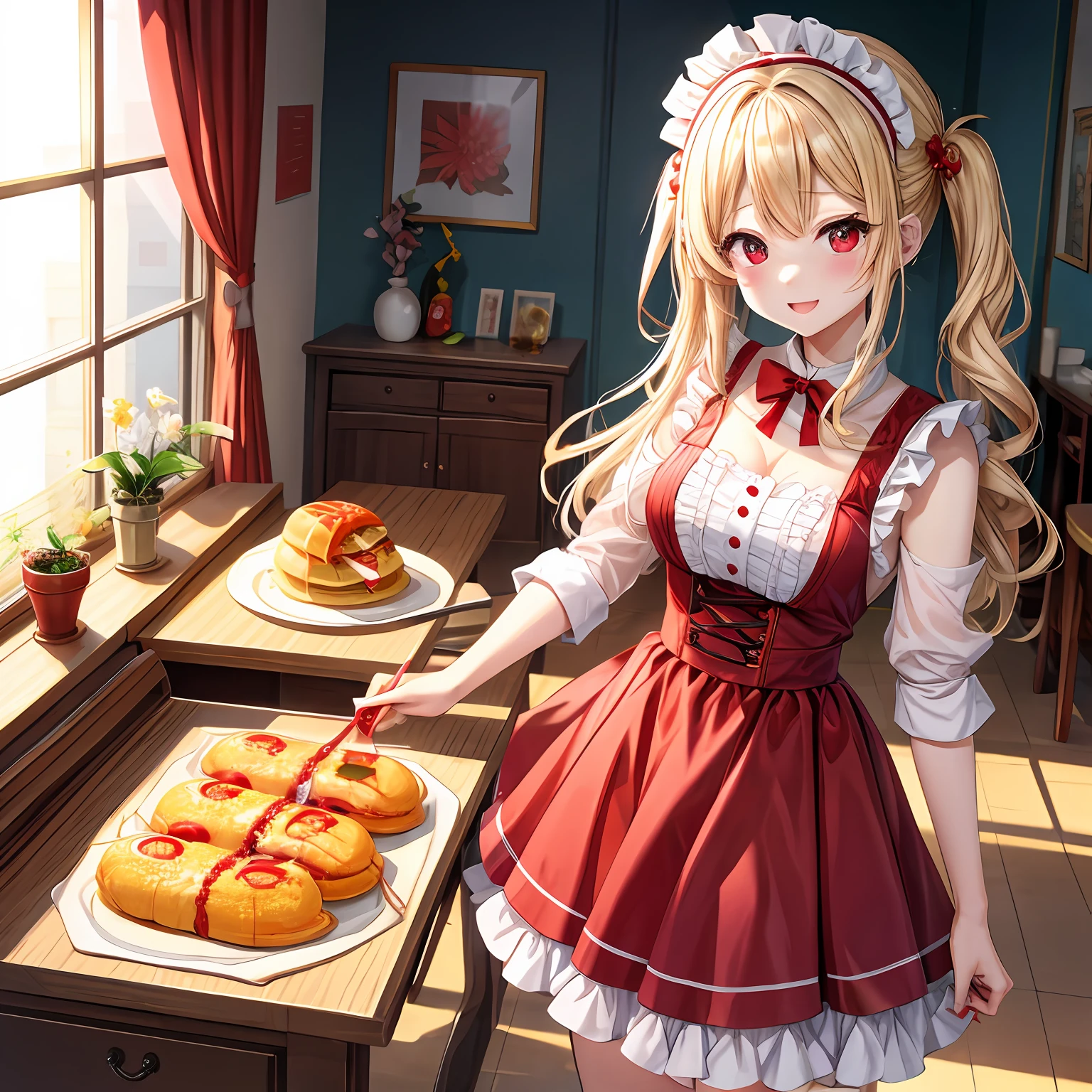 a blond、red eyes、One pretty girl、独奏、animesque、Maids、Omurice