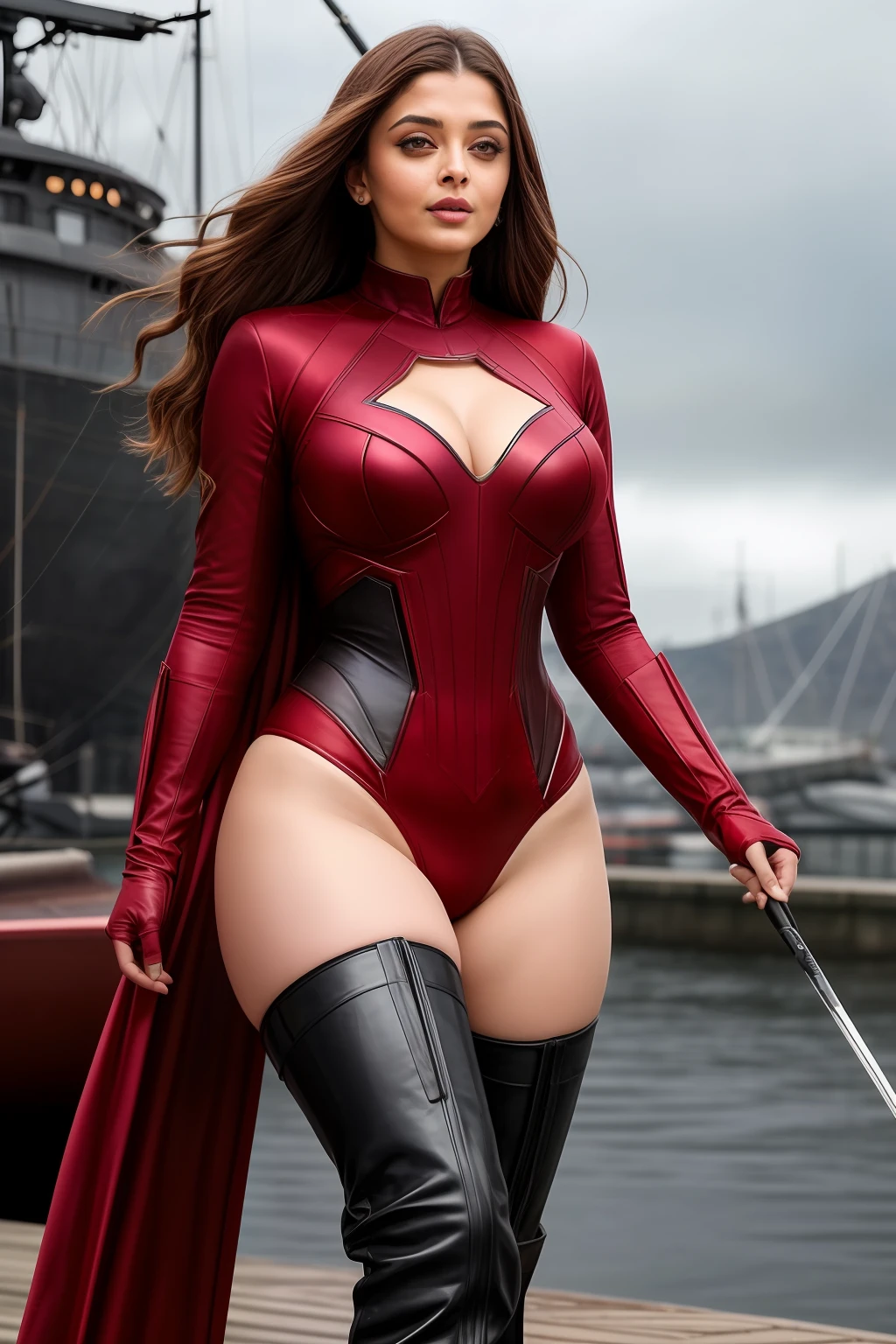 Aishwarya rai as scarlet witch superhero, no forehead marking, full body image, knee high boots, maroon bodycon scarlet witch suit, athletic curvy figure, open hair, posing in ship dockyard, day scene, hourglass figure, small breasts, fit, seductive face, look at camera and laugh, erotic adult face, 40 yo, soft volumetric lights, intricate details, (ArtStation:1.2)