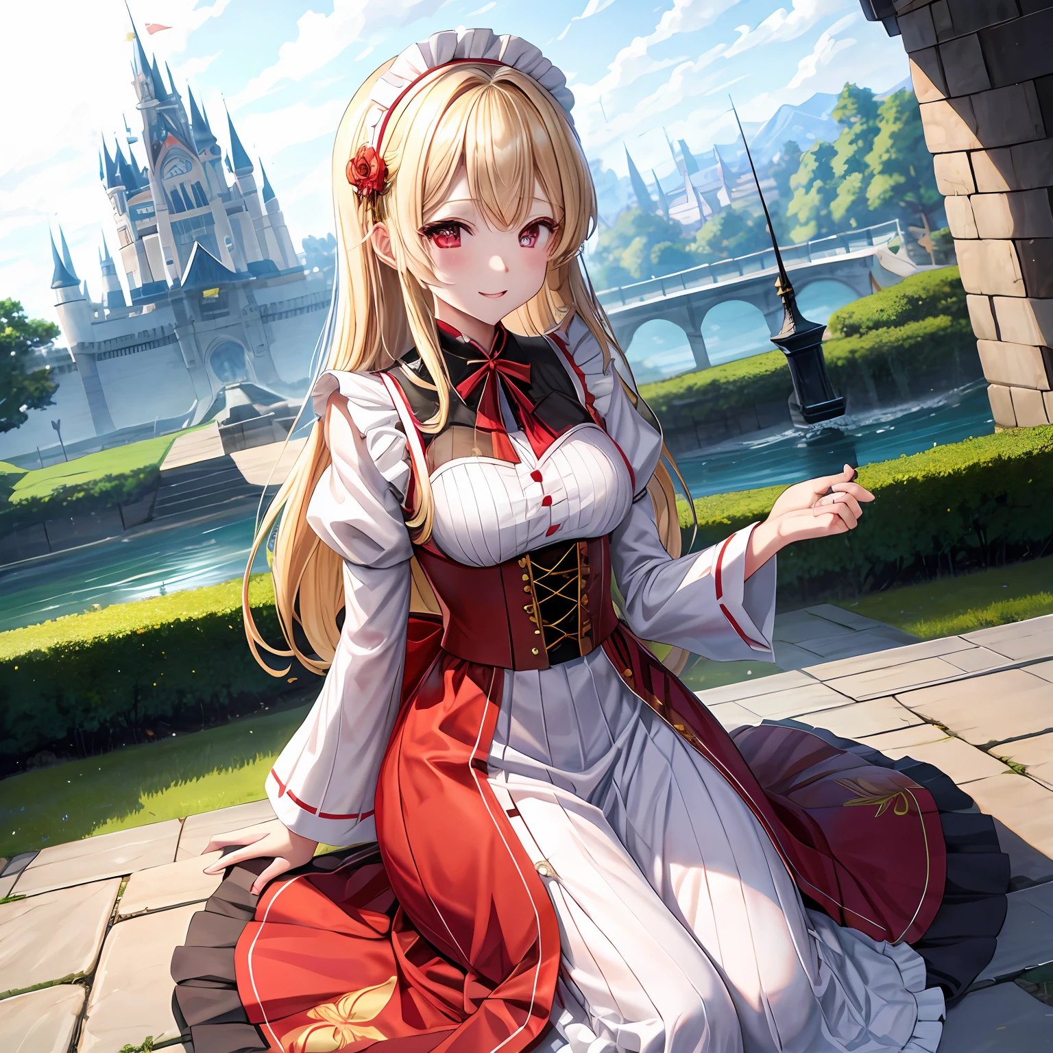 a blond、red eyes、One pretty girl、独奏、animesque、Maids、Castles