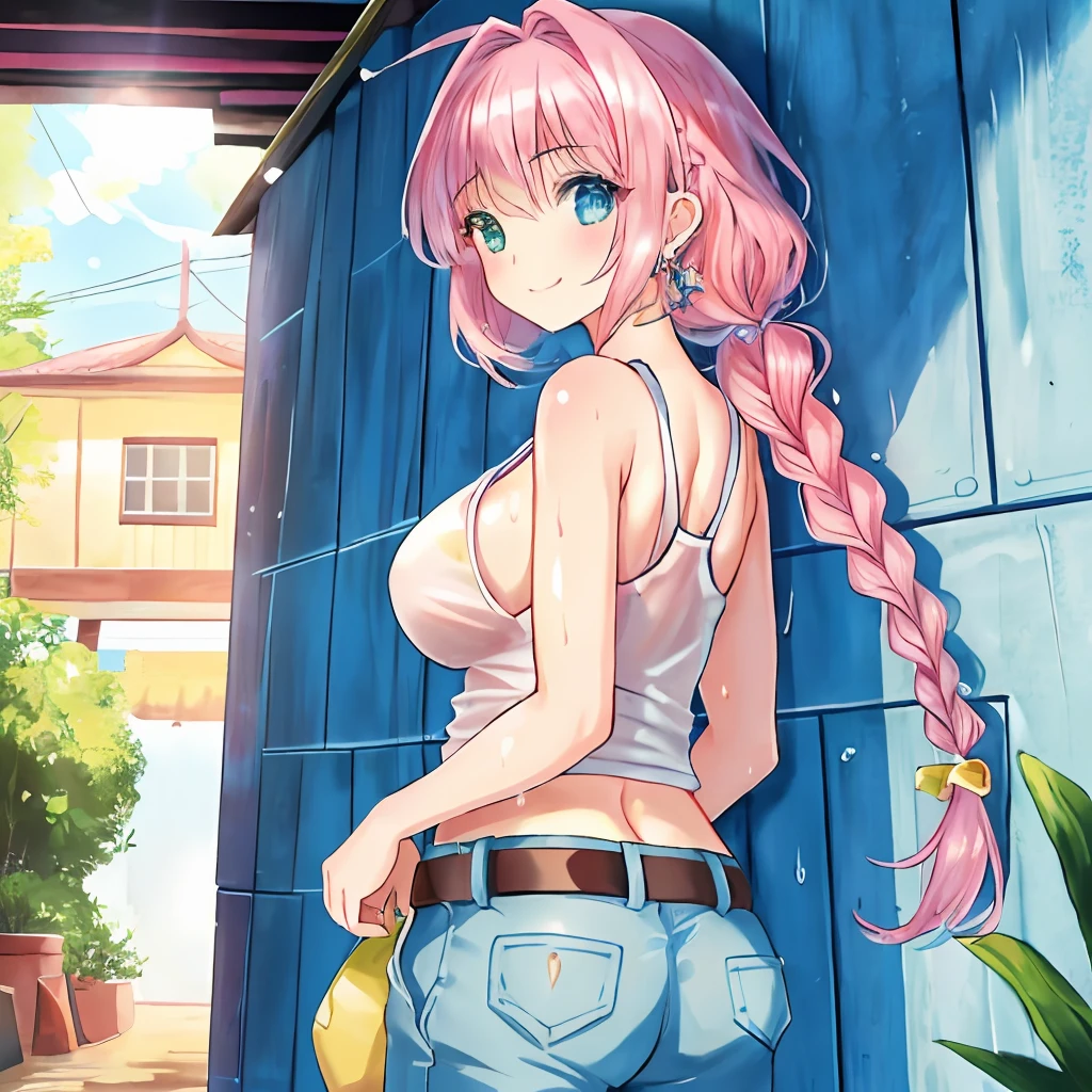 (Highly detailed CG Unity 8k wallpaper), (Best Quality), (Super Detail), (Best Illustration), (Best Shadow), POV, Realistic lighting and shading, Natural light, Lens flare effect, BREAK, 1 beautiful girl, Solo,(Cute:1.5),(Chibi:0.8), (kawaii:1.5),(Lori:0.5), BREAK, ( ( girl), Very detailed, colourfull, highest details, BREAK, (Huge breasts: 1. 2,), Clear skin, Beautiful skin, Shy skin, 1 beautiful girl,{Heterochromia,pale blue eyes,pale green eyes:1.5}, star eye silhouette, Break HA , (Pink hair wet with sweat, Medium length:1.2),(Braided hairstyle:1.1),(Large breasts:1. 5), (long eyelashes, Double eyelids: 1. 2), Solo, gleaming skin, BREAK,(Cargo pants with belt, Wet tank top, no-bra, are protruding,sneakers
:1.2), (star-shaped earring:1.1), (Lace headband:1.0), (Cute Accessories:1.3), (A smile,Happiness:1.1), (is standing,Slouched:1.3), (Full body,angle from back,Cowboy Shot:1.1), BREAK, (Pink Room, pink walls, bed, stuffed toy, PILLOWS, parrot,:0.8) Made of stone,