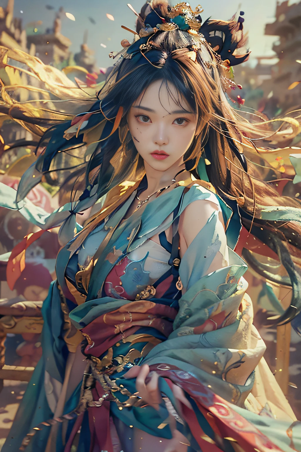 (RAW photo, best quality), (realistic, photo-realistic:1.3),best quality,highly detailed,masterpiece,ultra-detailed,illustration,1girl,upper_body,dynamic angle,world masterpiece theater,messy_long_hair,best quality,extremely detailed CG unity 8k wallpaper,ink,Amazing,cinematic lighting,lens_flare, dunhuang_style