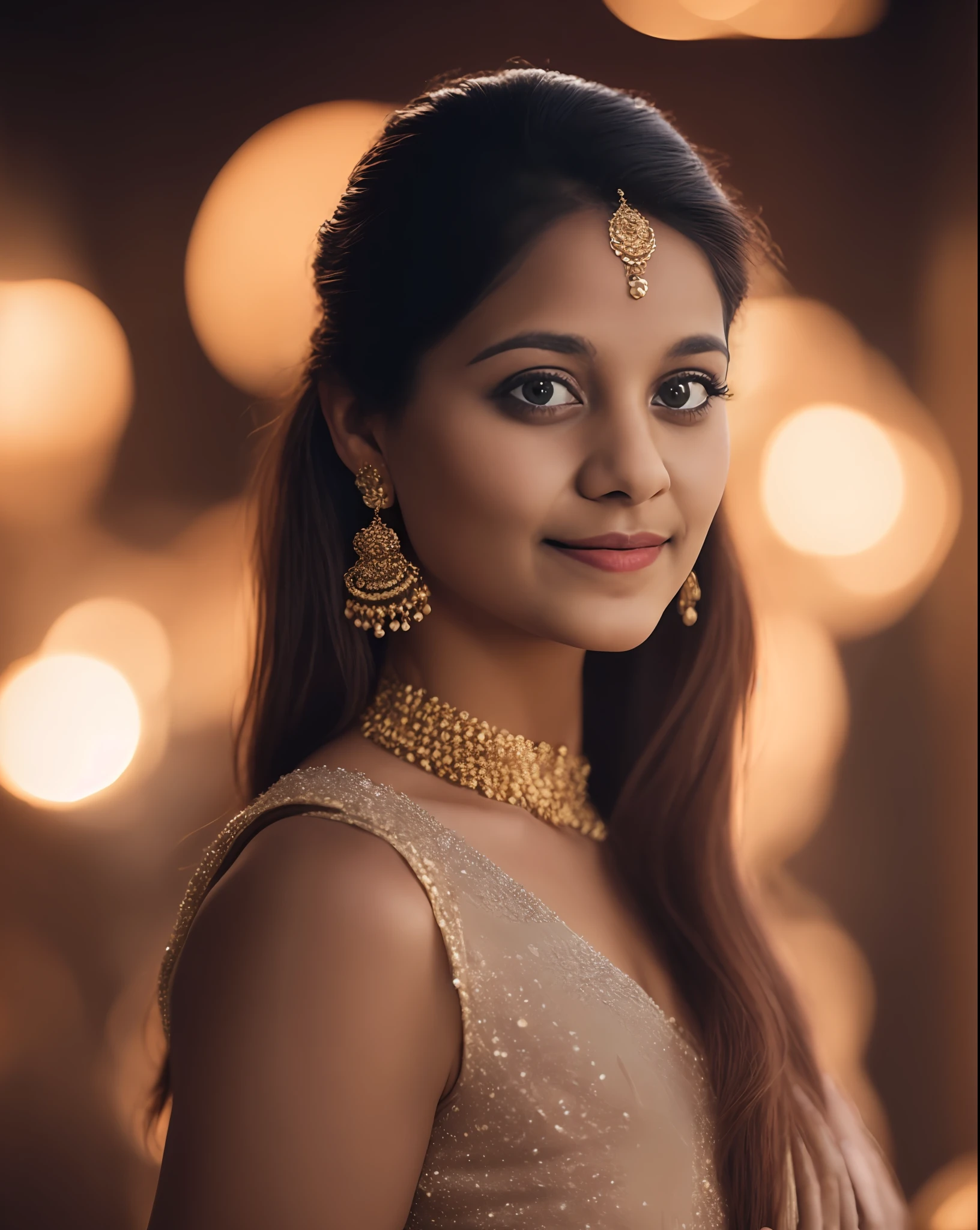 a close up of a woman wearing a gold dress and a necklace, 7 0 mm portrait, wearing gold jewellery, 60mm portrait, indian, indian girl with brown skin, beautiful portrait lighting, photo taken with nikon d 7 5 0, photo taken with nikon d750, dramatic smile pose intricate, 7 0 mm. dramatic lighting, gold jewellery
