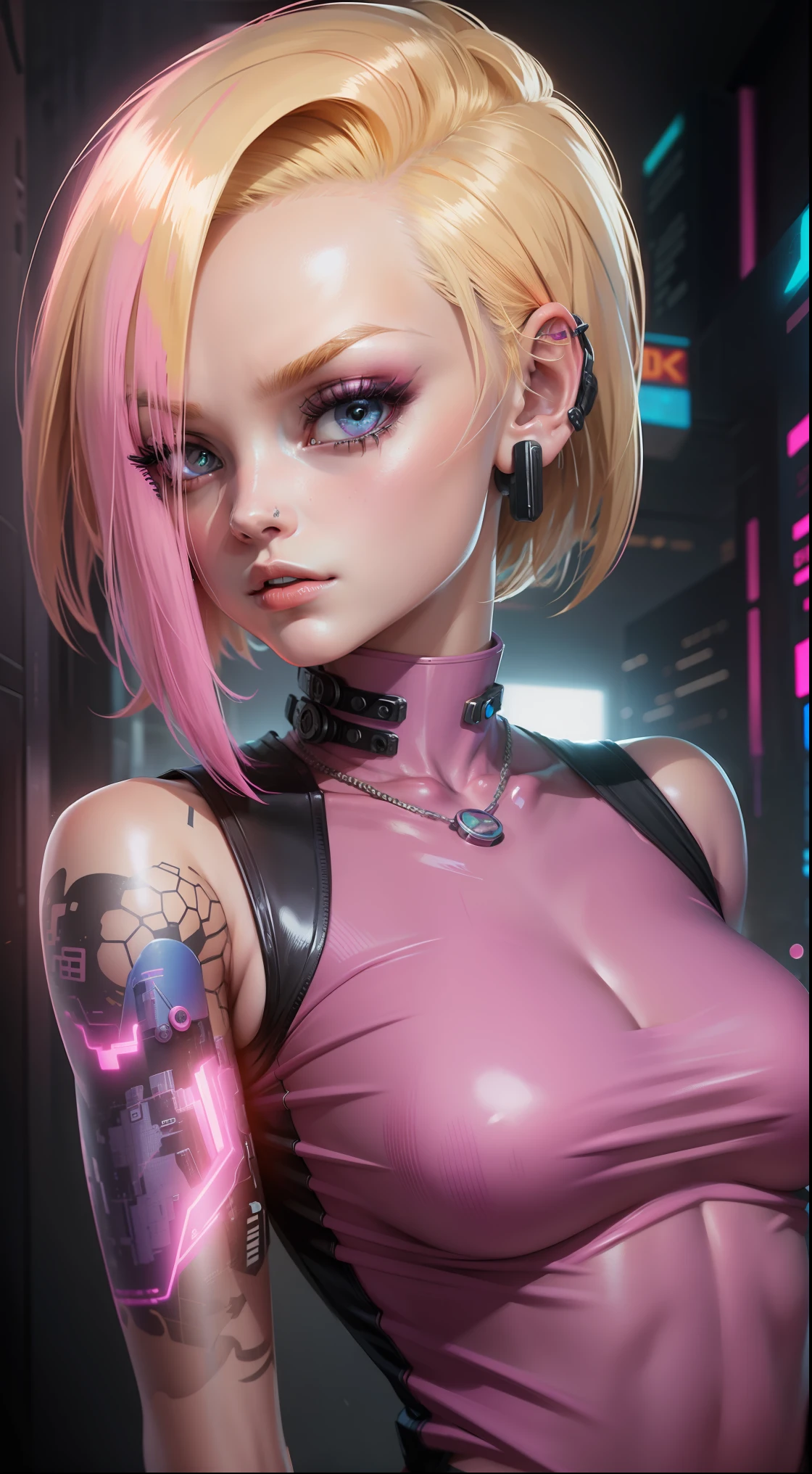 android 18, cyberpunk, girl, blonde with pink bangs, sexy