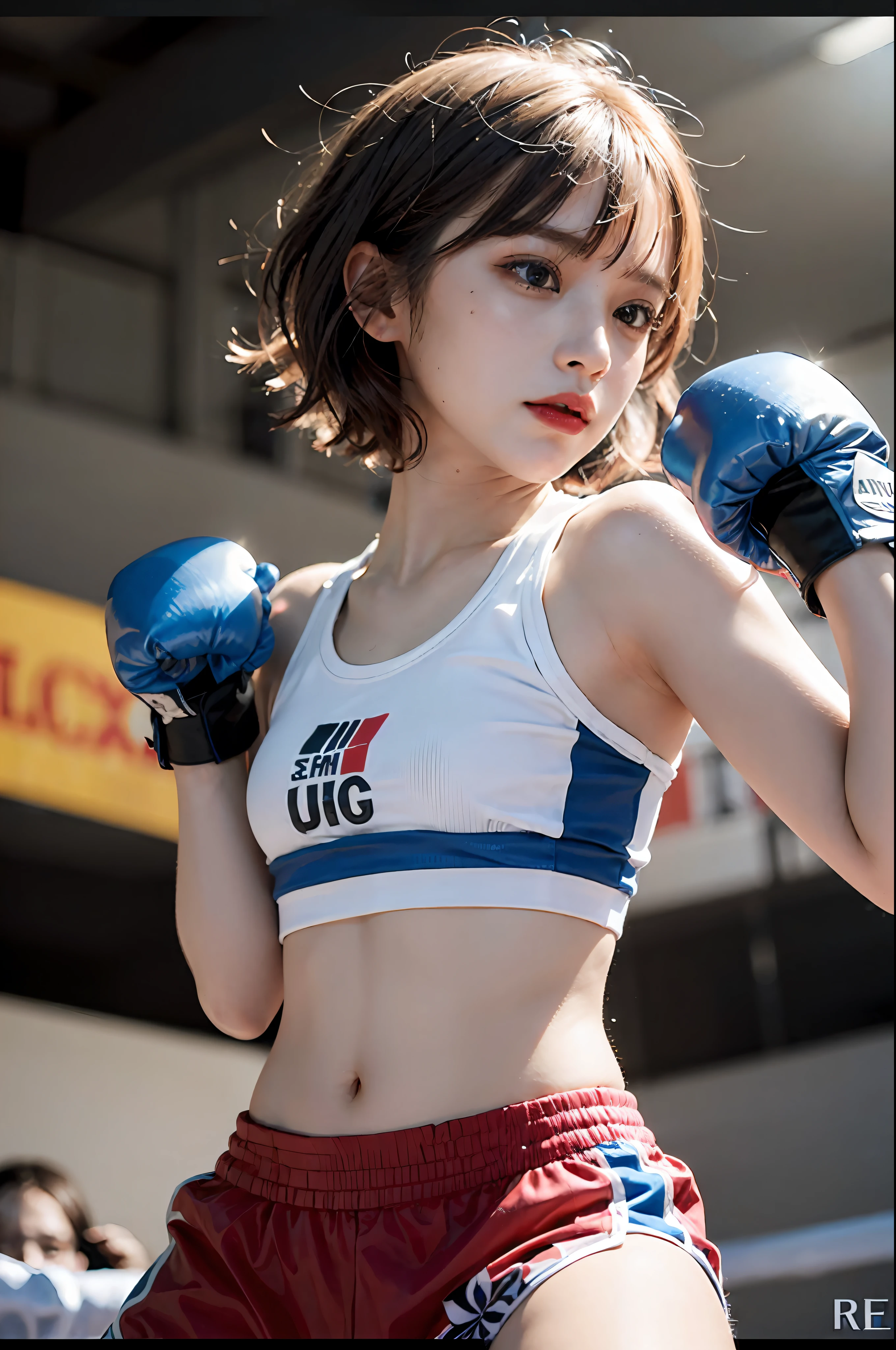 Best Quality, boxer, (Photorealsitic:2), 超A high resolution, Highly detailed, A hyper-realistic, 1girl in, (Boxing gloves), Floral pattern, colourfull_head_hair、(((very_short_head_hair))), Short hair, Slim body, Full Shot, Looking at Viewer, ((Boxing rings)), Bright atmosphere, spot light, Detailed background