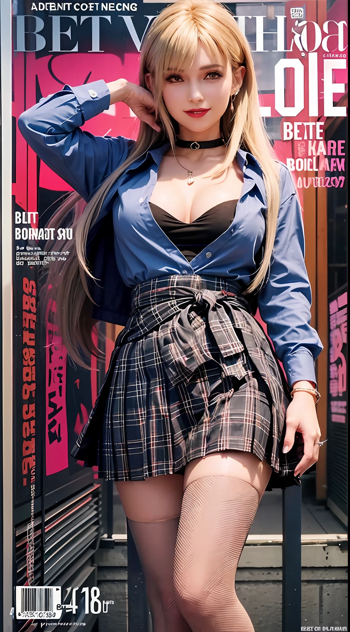 masterpiece, best quality, full body, 1girl, bangs, black choker, black necktie, blonde hair, blue skirt, blush, bracelet, breasts, choker, clothes around waist, collarbone, collared shirt, cowboy shot, dress shirt, ear piercing, eyebrows visible through hair, gradient hair, grin, gyaru, jewelry, kogal, long hair, looking at viewer, loose necktie, necktie, piercing, plaid, plaid skirt, pleated skirt, red eyes, ring, school uniform, shirt, skirt, smile, solo, white shirt, street, sky, cherry blossoms, petals,illustration, (magazine:1.3), (cover-style:1.3), fashionable, woman, vibrant, outfit, posing, front, colorful, dynamic, background, elements, confident, expression, holding, statement, accessory, majestic, coiled, around, touch, scene, text, cover, bold, attention-grabbing, title, stylish, font, catchy, headline, larger, striking, modern, trendy, focus, fashion,
