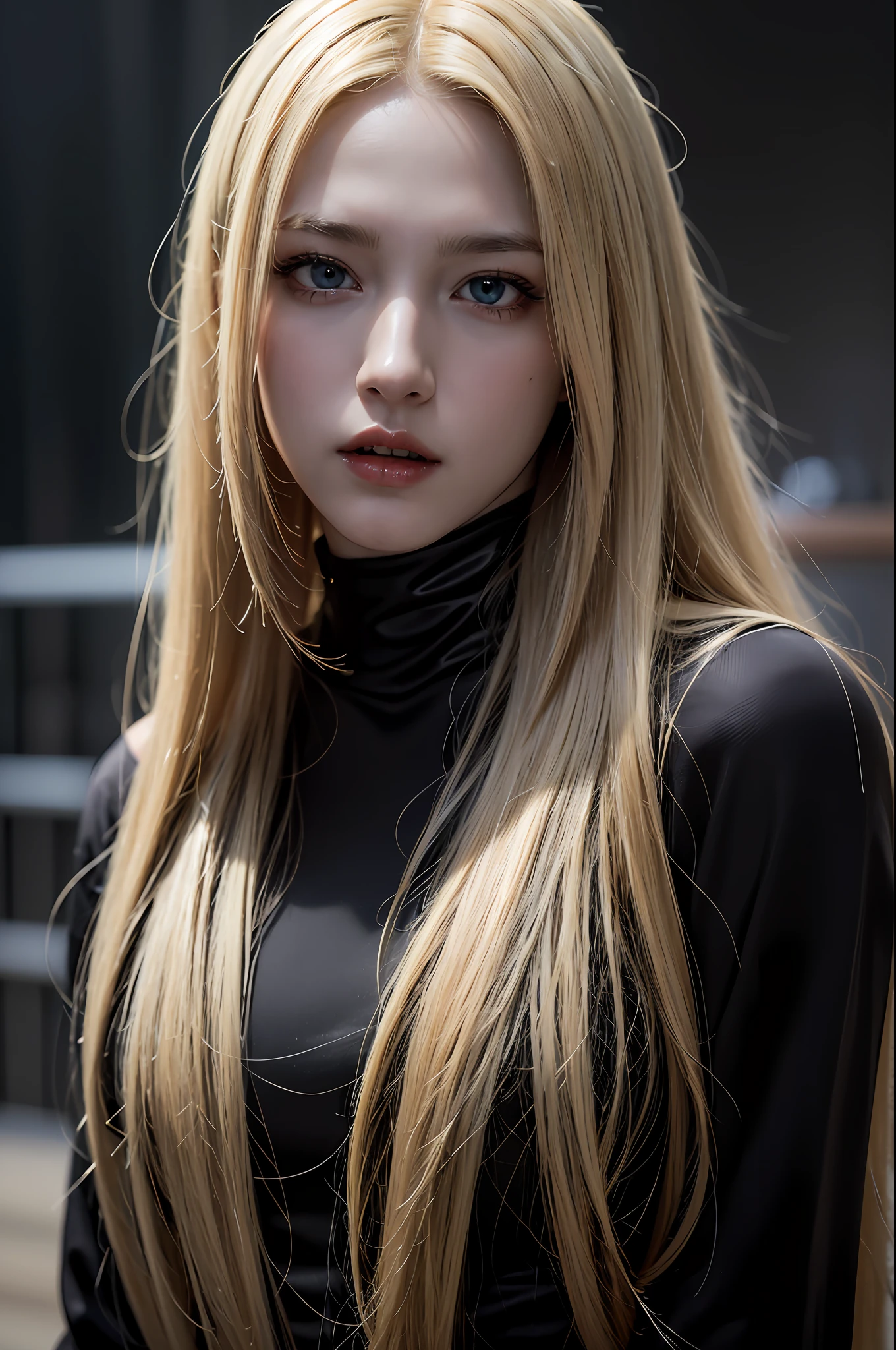 Best quality, masterpiece, ultra high res, (photorealistic:1.4), raw photo, 1vampire girl, long blonde hair, detailed eyes and face, (weaing black vampire costume), spot lighting, in the dark, deep shadow, low key, cowboy shot full-lenght body, ((open eyes:0.1)), pupils glowing gold light, clouds with lightning,