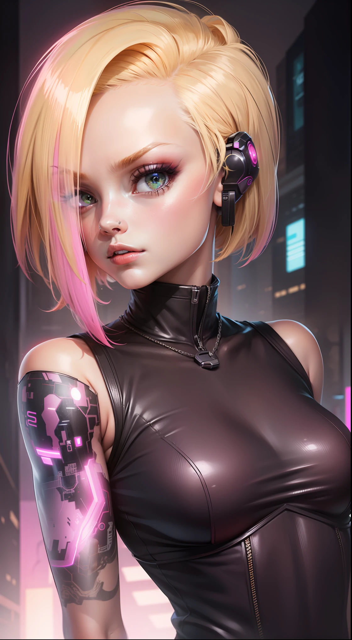 android 18, cyberpunk, girl, blonde with pink bangs, sexy