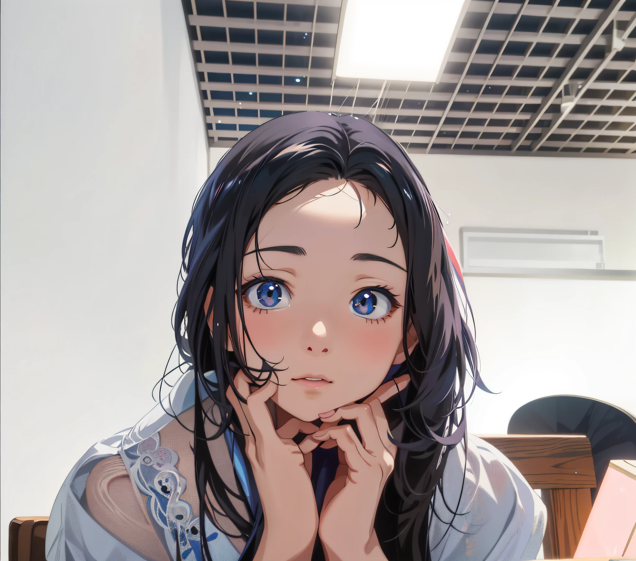 Anime girl with long hair and blue shirt sitting at table, Kawaii realistic portrait, Realistic anime 3 D style, Guviz-style artwork, Cute natural anime face, Realistic anime art style, Realistic young anime girl, Photorealistic anime, a beautiful anime portrait, Guviz, anime realism style, Cute anime girl, realistic anime artstyle, Beuatiful anime,Hand repair