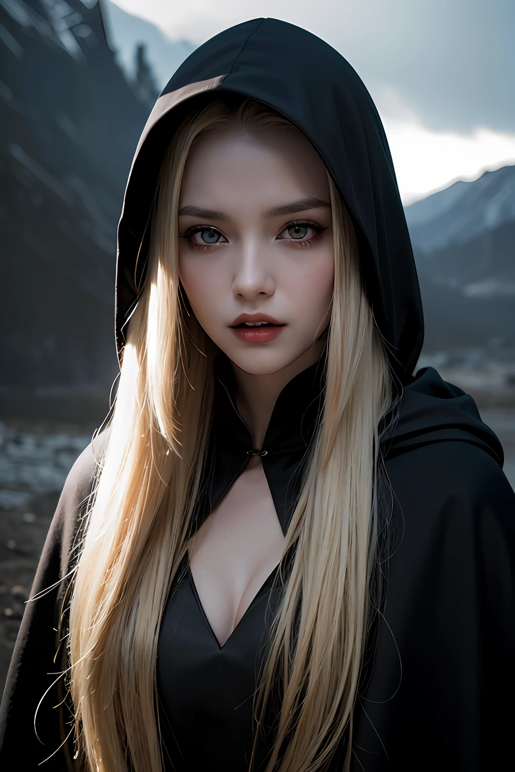 Best quality, masterpiece, ultra high res, (photorealistic:1.4), raw photo, 1vampire girl, long blonde hair, detailed eyes and face, (weaing black vampire costume and cloak), spot lighting, in the dark, deep shadow, low key, cowboy shot full-lenght body, ((close eyes:0.2)), pupils glowing gold light, clouds with lightning,