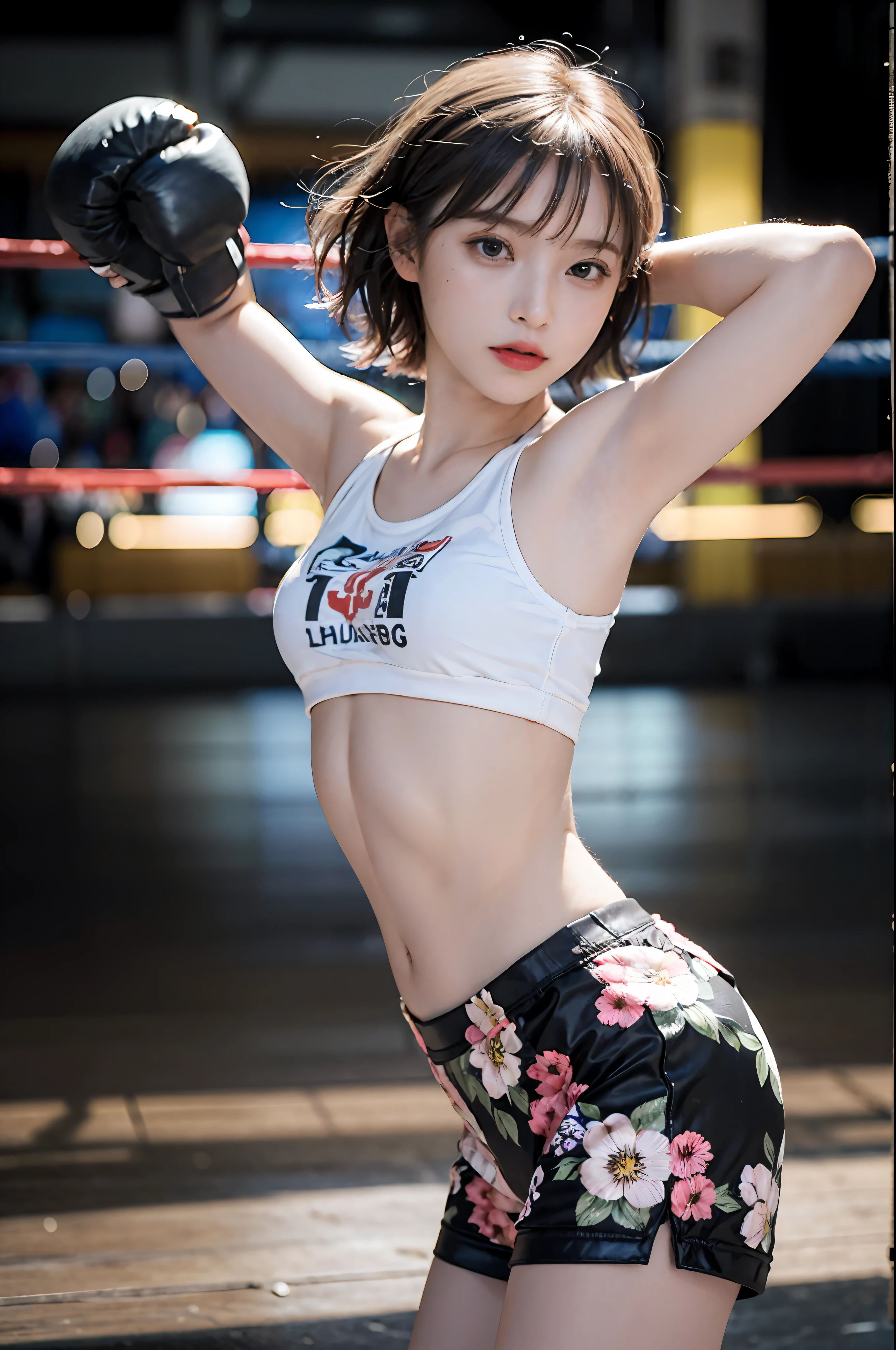 Best Quality, boxer, (Photorealsitic:2), 超A high resolution, Highly detailed, A hyper-realistic, 1girl in, (Boxing gloves), Floral pattern,  colourfull_head_hair、(((very_short_head_hair))), Short hair, Slim body, Full Shot, Looking at Viewer, ((Boxing rings)),  Bright atmosphere, spot light, Detailed background