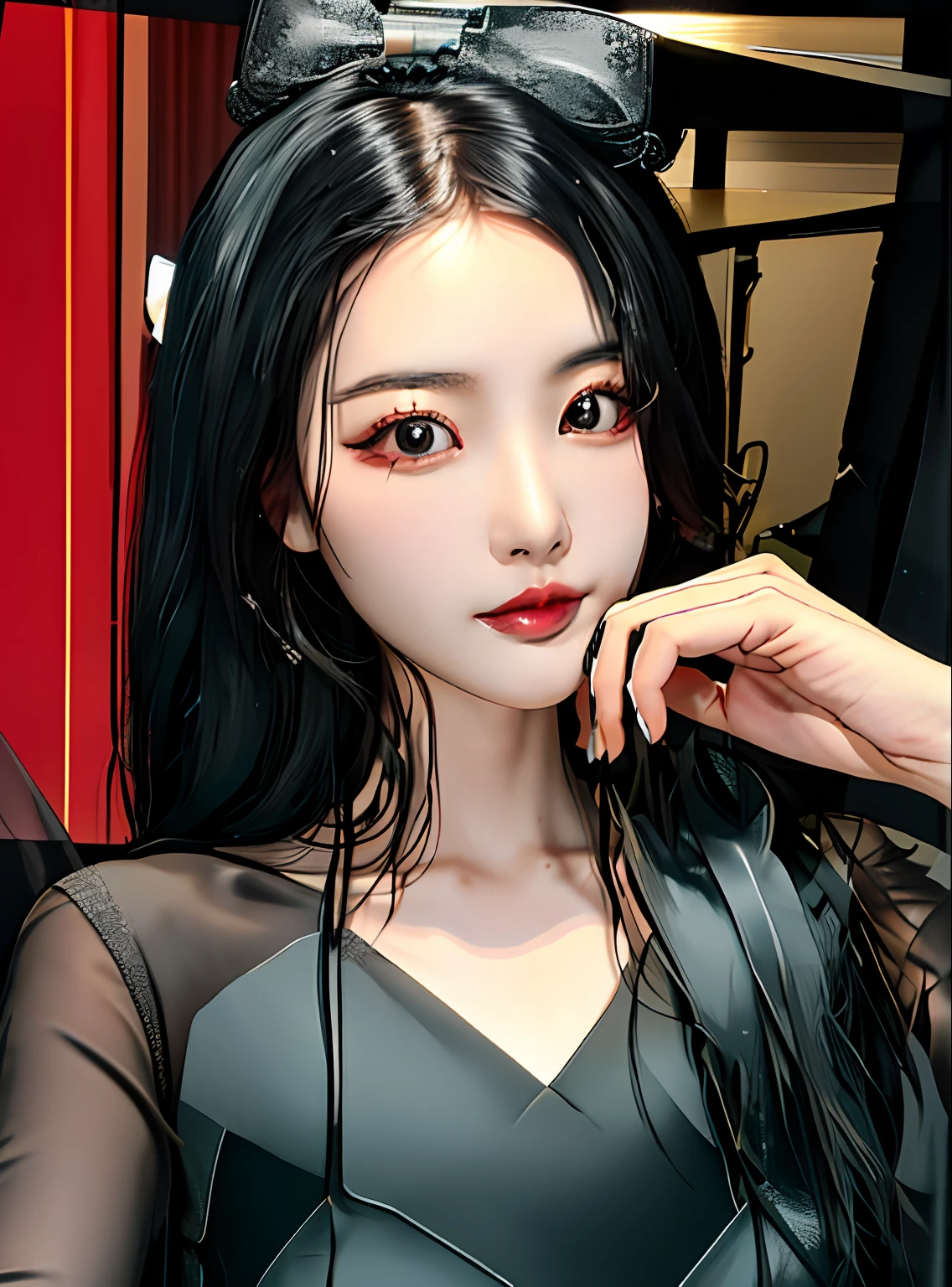 a close up of a woman with long black hair wearing a black dress, beautiful Korean women, Gorgeous young Korean woman, Korean girl, Beautiful young Korean woman, gorgeous chinese models, Korean woman, ulzzangs, cruel korean goth girl, wan adorable korean face, Beautiful Asian girl, young lovely Korean faces, dilraba dilmurat, Clear lips and high quality