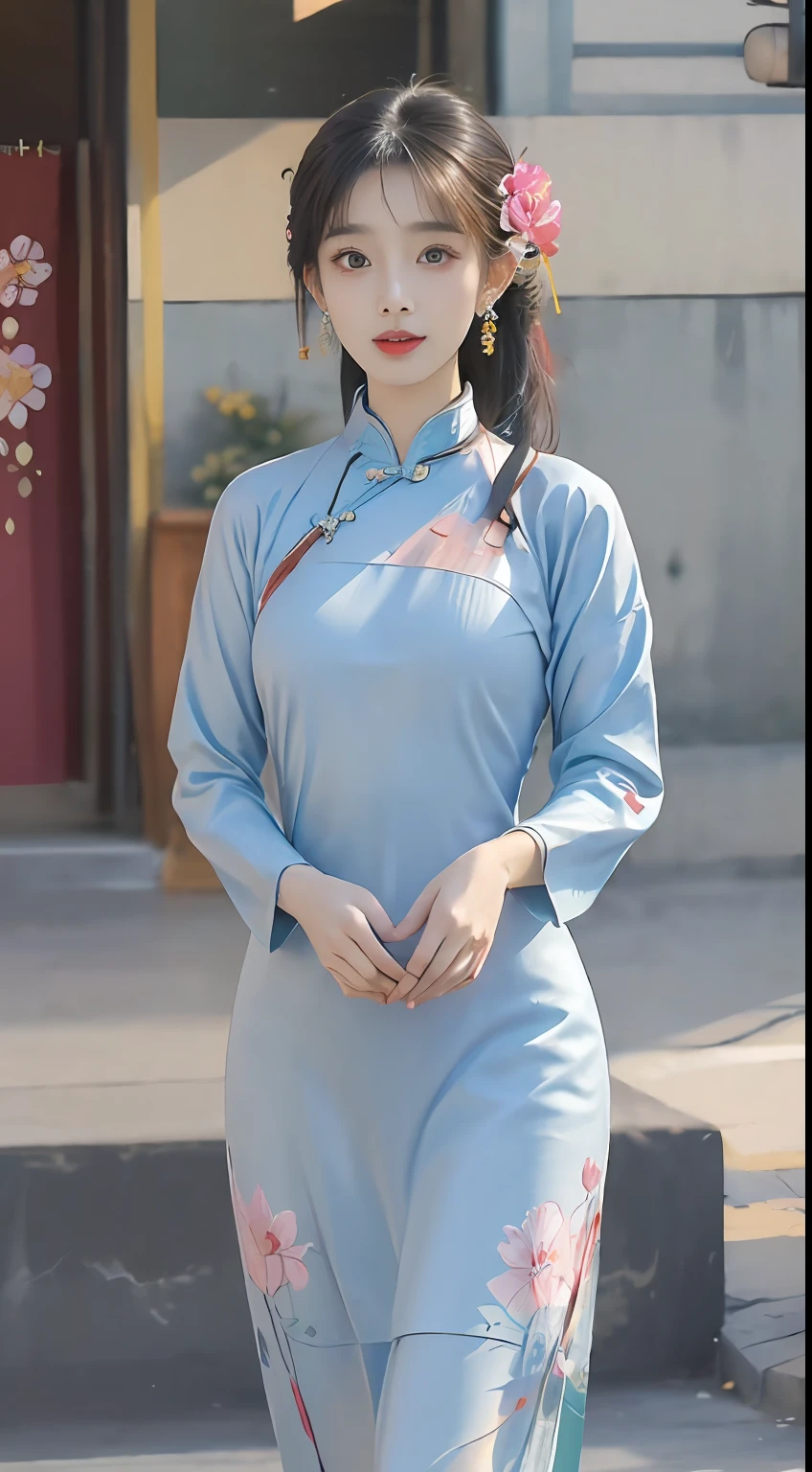 (Masterpiece, Top quality, Best quality, offcial art, Beautiful and aesthetic:1.2), (a beautiful girl in vintage aodai:1.3), Extremely detailed,(Fractal art:1.1),(Colorful:1.1)(Flowers:1.3),highest details,(zentangle:1.2), (Dynamic pose), street, Cyberpunk, (vietnam Traditional aodai:1.2), (Shiny skin), (many color:1.4), ,(Earrings:1.4),