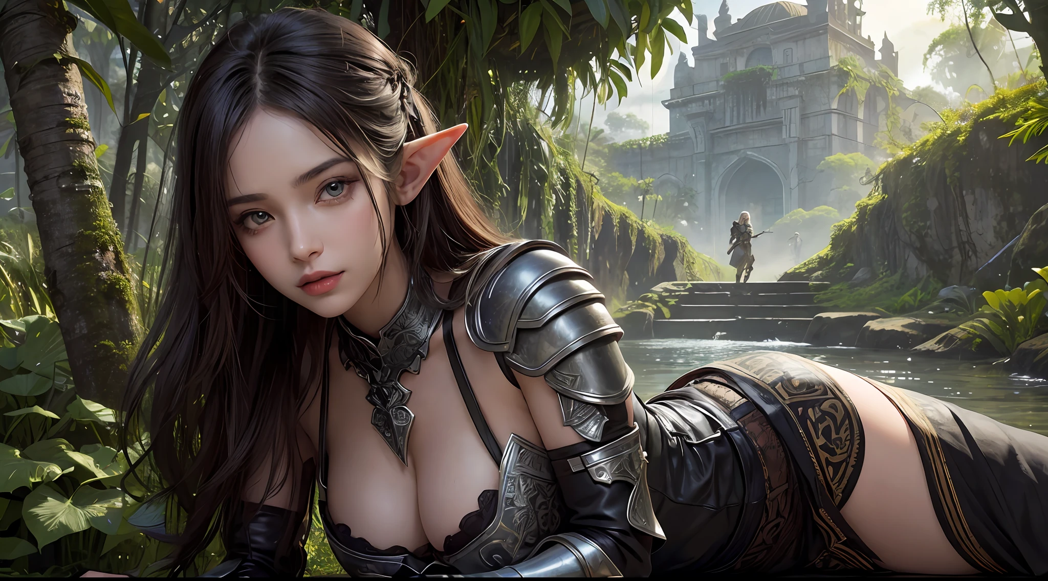 (Award-winning digital artwork:1.3) af (sketching:1.3),(with dynamism:1.3),(Saturation:1.3),(Close portrait:1.3),(femele:1.4),(big breasts beautiful: 1.4),(carismatic:1.3),female elf,Leather armor,Perfect Detailed Eyes,magia,jungle backdrop,Large breasts,Complex patterns,Film filter, ,dramatics,dynamicposes,illusory engine, (High detail: 1.9),