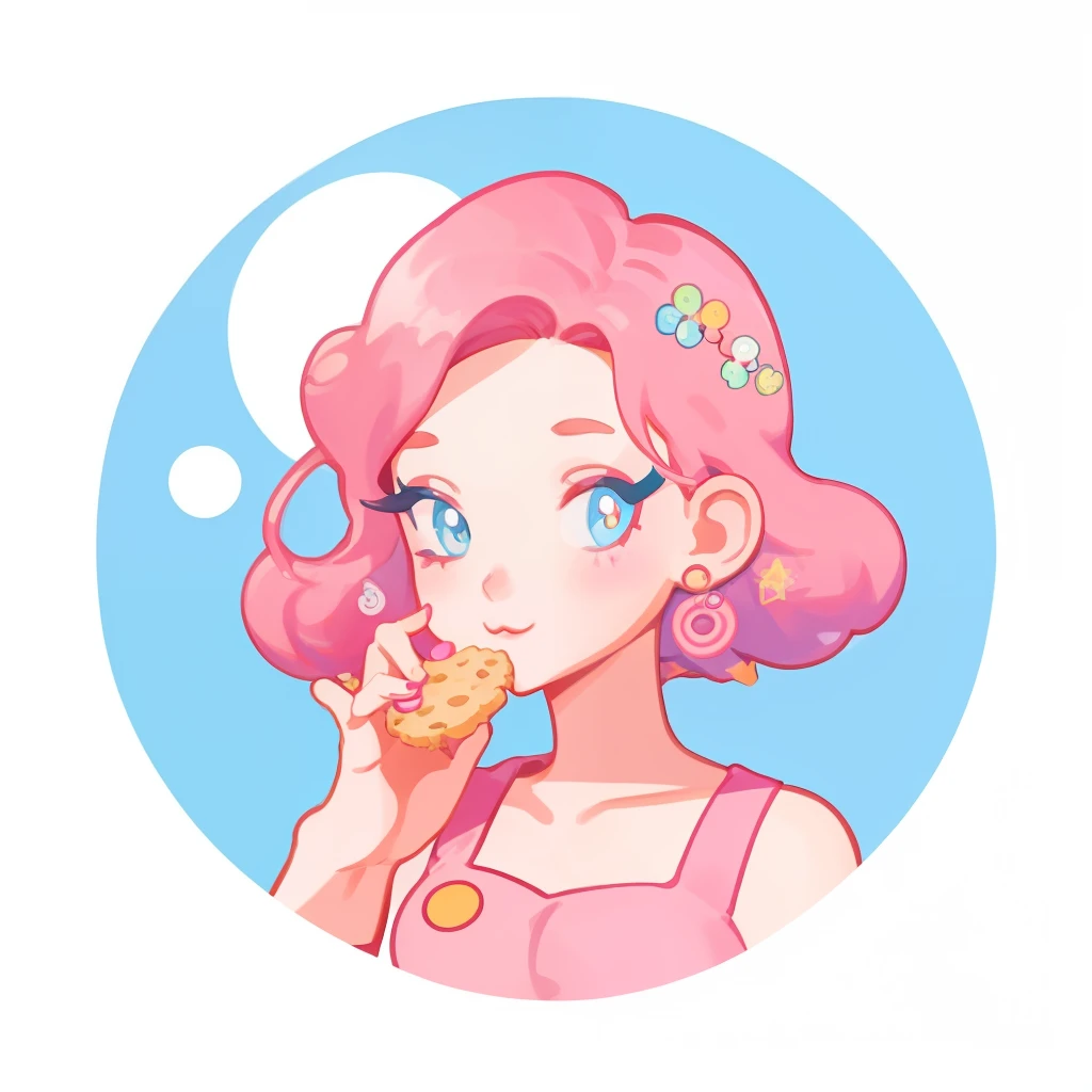 1个Giant Breast Girl，Eating cookies，adolable，Flat drawing，Anime style，Anime design，Flat drawing，anime concept art，Anime character design，anime character reference sheet，[character  design]，clothing design，Circle icon，Delicate facial features，putting makeup on，Wearing a pink dress，adolable