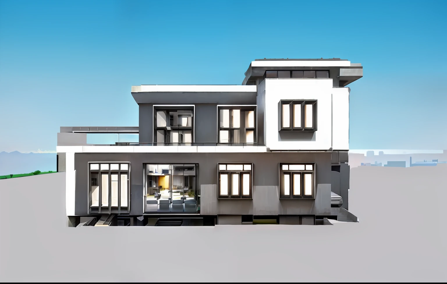 a luxurious house , brutalist architecture ,( le corbusier ), glowing lights , trees , daytime , cloudy sky , sunset
