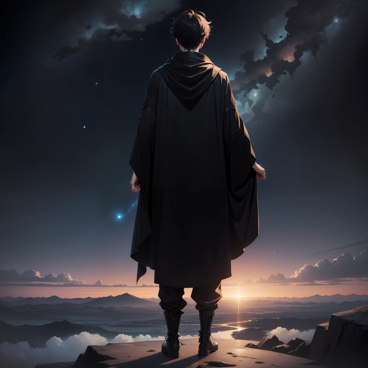 Anime style，Wearing a black robe，Twenty-year-old man，In the starry sky，Looking at the Earth from afar