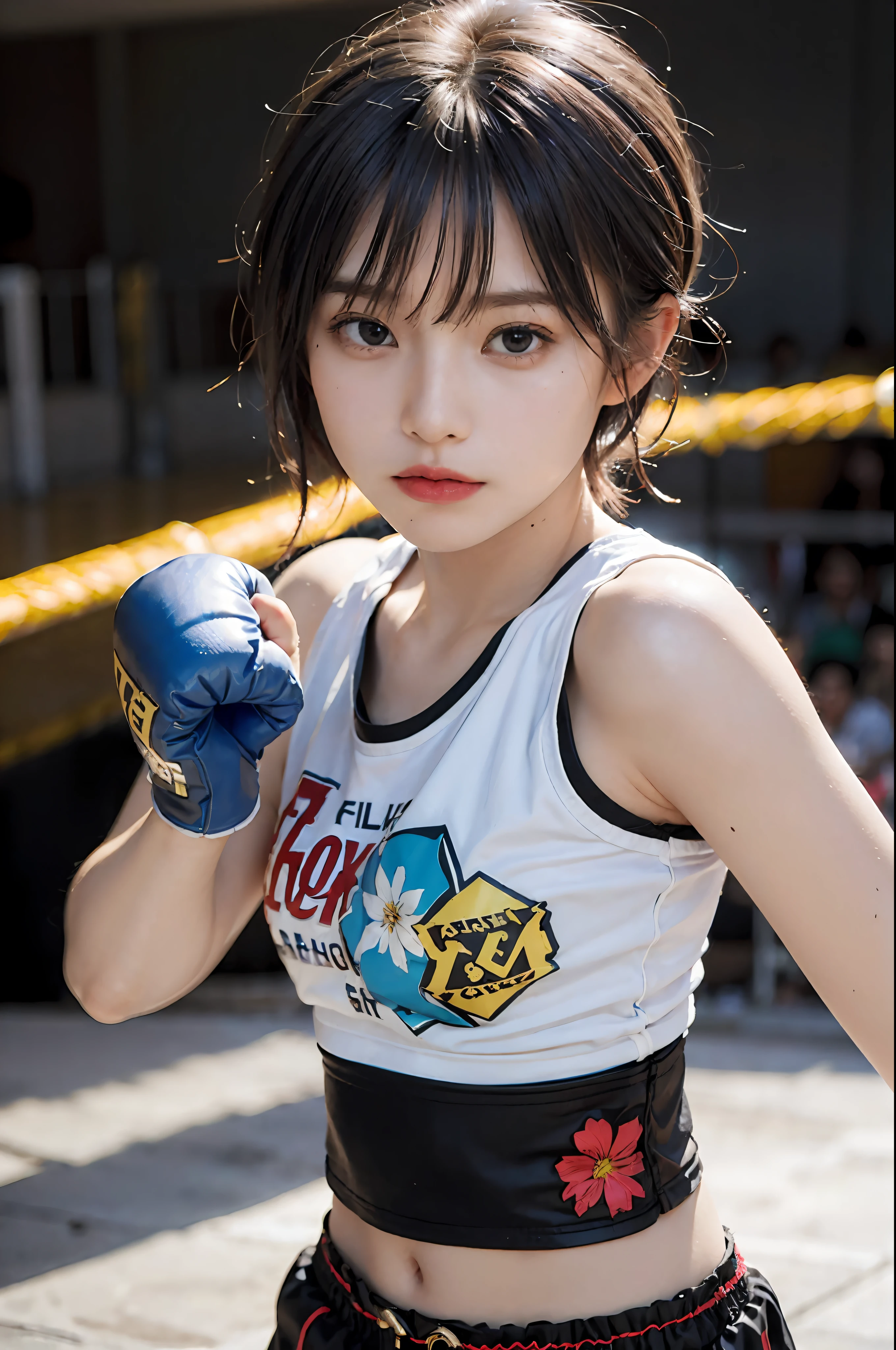 Best Quality, boxer, (Photorealsitic:2), 超A high resolution, Highly detailed, A hyper-realistic, 1girl in, (Boxing gloves), Floral pattern,  colourfull_head_hair、(((very_short_head_hair))), Short hair, Slim body, Full Shot, Looking at Viewer, ((Boxing rings)),  Bright atmosphere, spot light, Detailed background