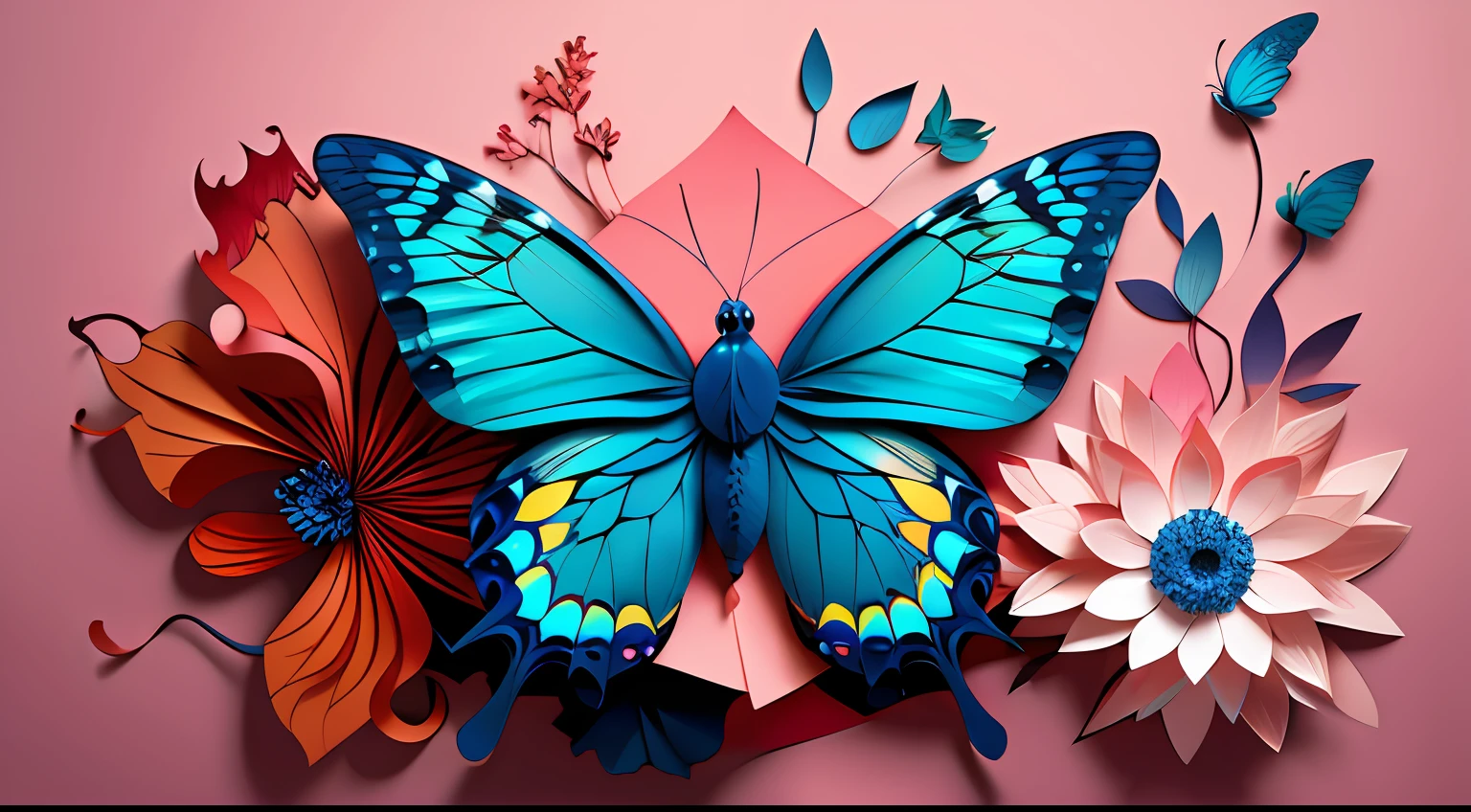 realistic, (best quality, masterpiece:1.3),illustration,big butterfly in the center , floating in dalias, cloudy sky, paper_cut, pattern, pink colors background