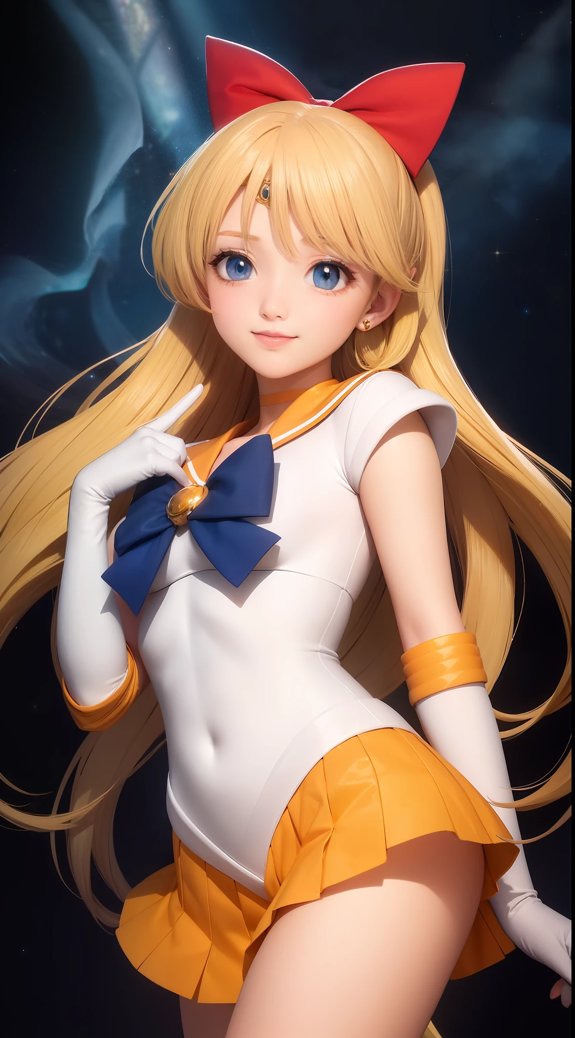 (masterpiece,best quality:1.2),(highres, ultra-detailed:1.1), (solo:1.2), 1girl,
(beautiful eyes:1.4),medium breasts,elegant face,(beautiful skin:1.1),
sv1,sailor senshi uniform, orange skirt, elbow gloves, tiara, orange sailor collar, red bow, orange choker, white gloves, jewelry,
BREAK
at night,starry sky,cowboy shot,stylized background,shyly smile,