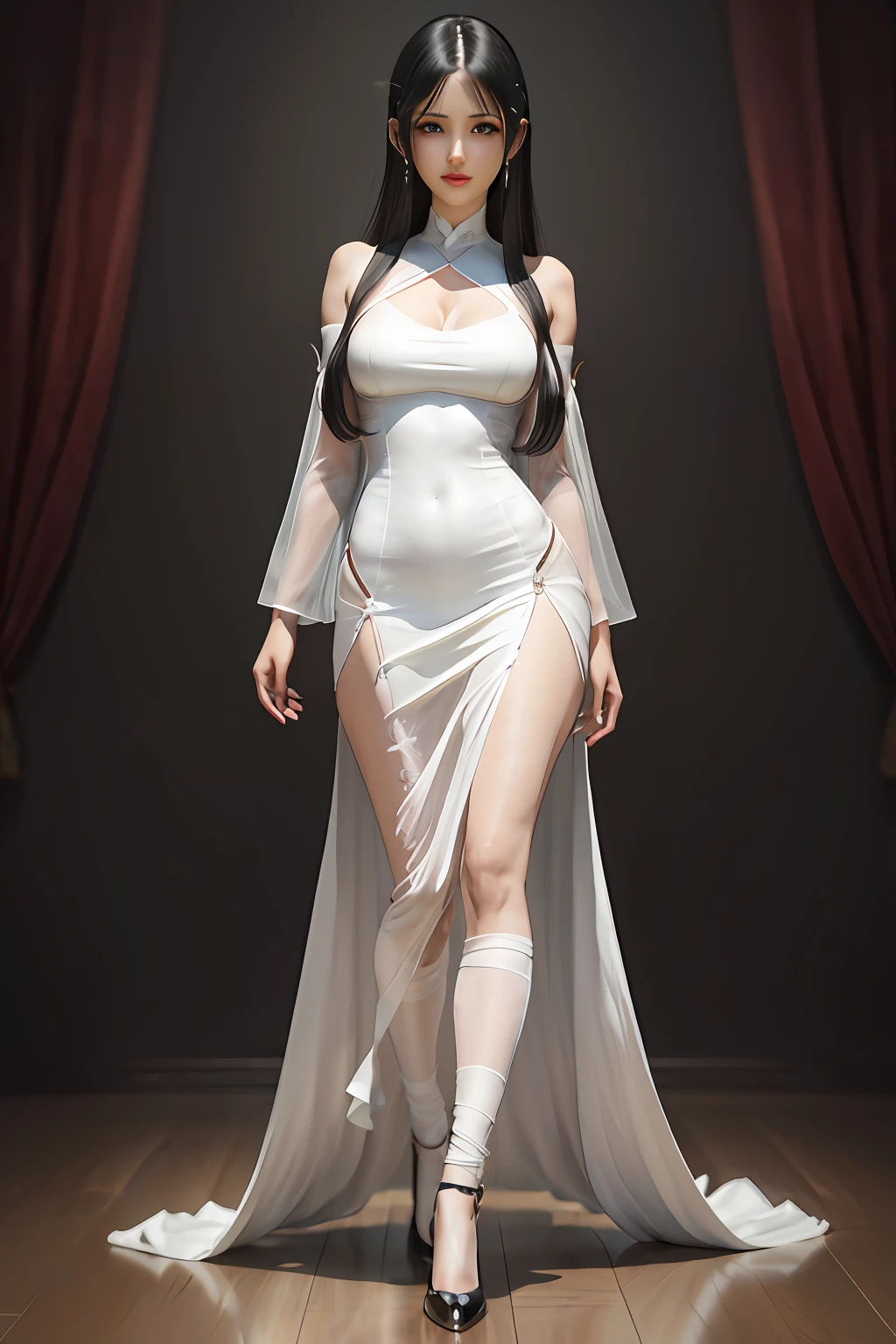 Arakfi woman in white dress and high heels walking on wooden floor, 3 D rendering character art 8 K, full-body xianxia, Full body CGsociety, unreal engine rendered + A goddess, elegant cinematic pose, Charming Tifa Lockheart, cinematic goddess body shot, a beautiful fantasy empress, smooth digital concept art, Albedo from Overlord