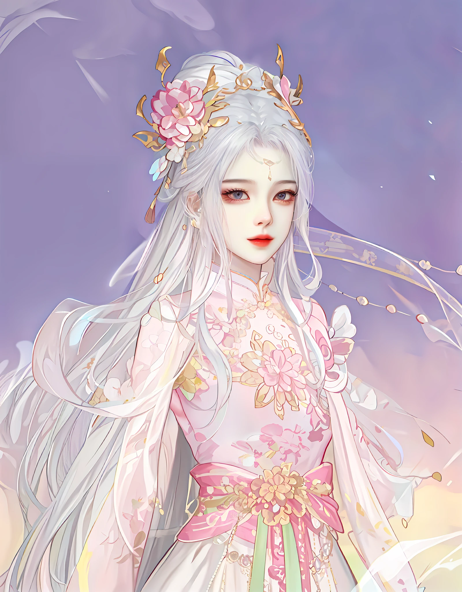 Best quality、tmasterpiece、A high resolution、1girl、Sheer silk porcelain dress、Nice face、hair adornments、looking at viewert、ssmile、Shut your mouth、cparted lips、Tindal effect、hentail realism、Shadow Studio、edge lit、bicolor lighting、(highdetailskin:1.2)、8k UHD、DSLR、softlighting、high high quality,Volumetriclighting,photore,High resolution 4K,8k,blur backgroun