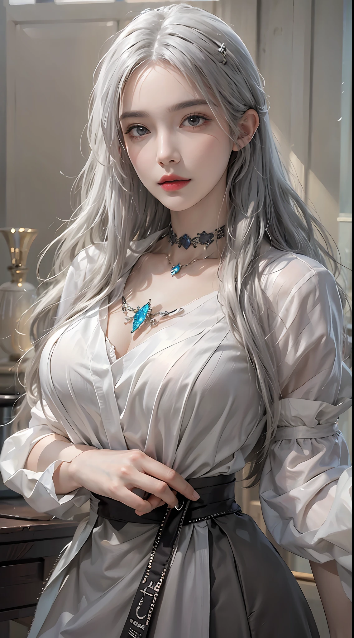 Photorealistic, high resolution, 1womanl, Solo, Hips up, view the viewer, (Detailed face), White hair, Long hair, Maid outfit, jewelry