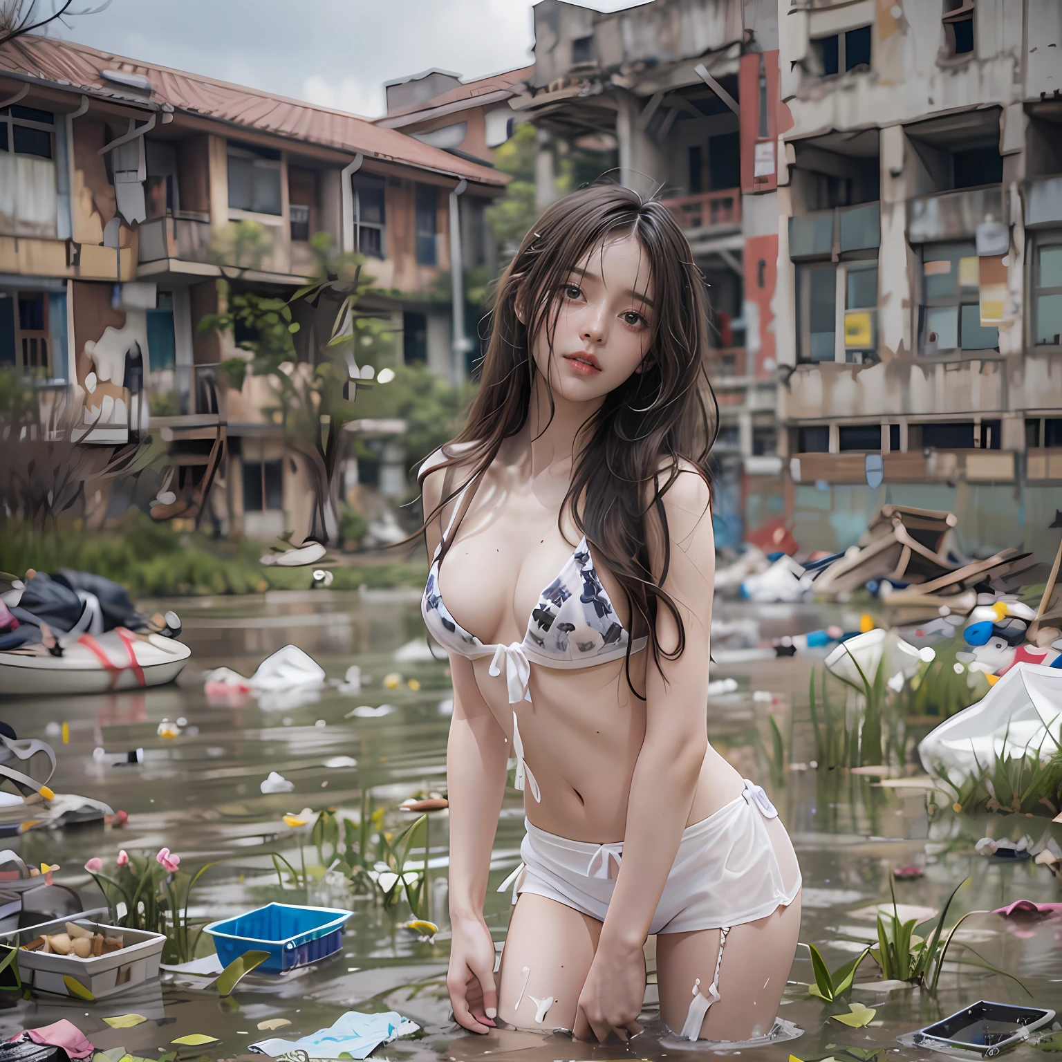Abandoned schools，Sexy standing pose，White transparent bikini，Exposing the genitals ，Garbage all over the ground，Dilapidated，Devastated，best qualtiy，full-body portraits（1：1），18 years old girls，lean and slender body，Skinny，Smaller bust，The barefoot，Leaky ，Leakage of all breasts，Naked all over the body