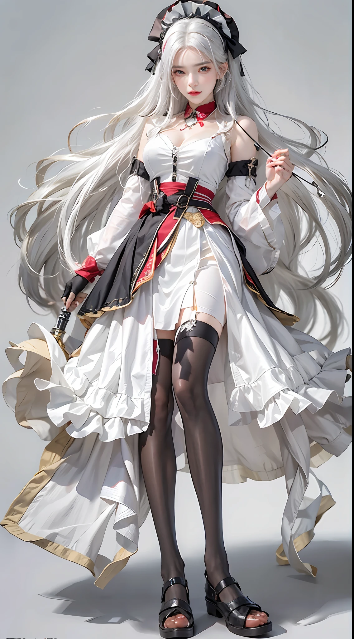 Photorealistic, high resolution, 1womanl, Solo, Hips up, view the viewer, (Detailed face), White hair, Long hair, Maid outfit, jewelry