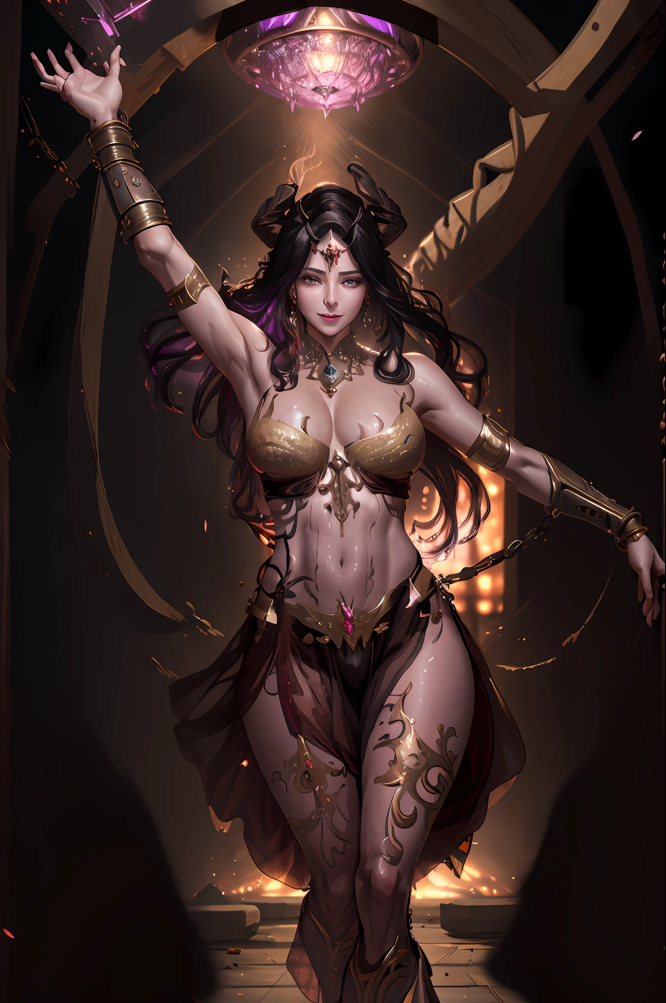 (masterpiece:1.2), (best quality:1.2), perfect eyes, perfect face, perfect lighting, 1girl, mature female dancing in dark palaces, (black hair), arms up, smiling, sweat, dancer, silk, harem outfit, mouth veil, jewelry, chains, see-through, thick eyelashes, makeup, eyeshadow, fantasy, detailed background chained, lustful cool face,