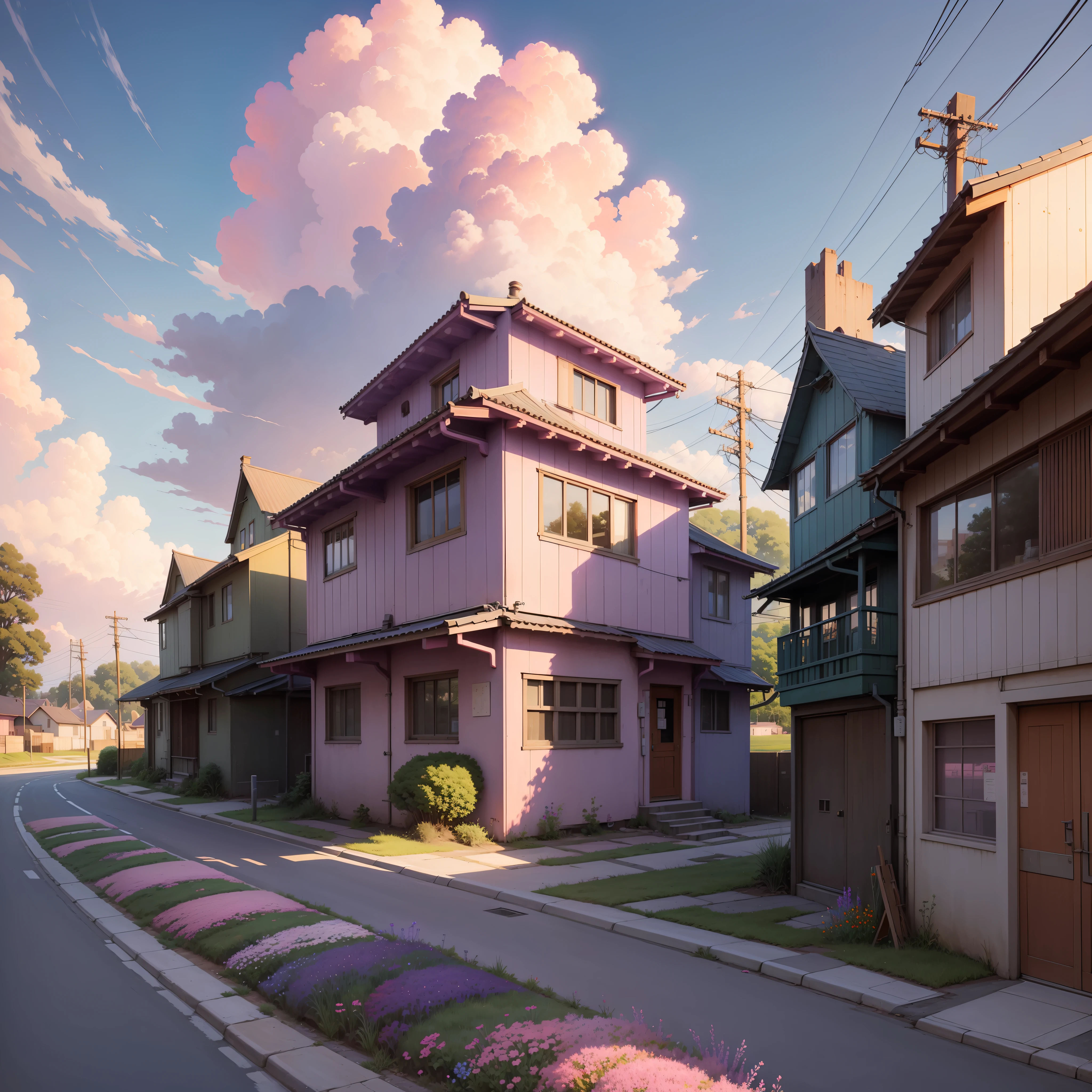The painting style comes from Hayao Miyazaki,Purple sky,Pink clouds,Country streets,wildflowers,electrical wires,the street lights,illumination