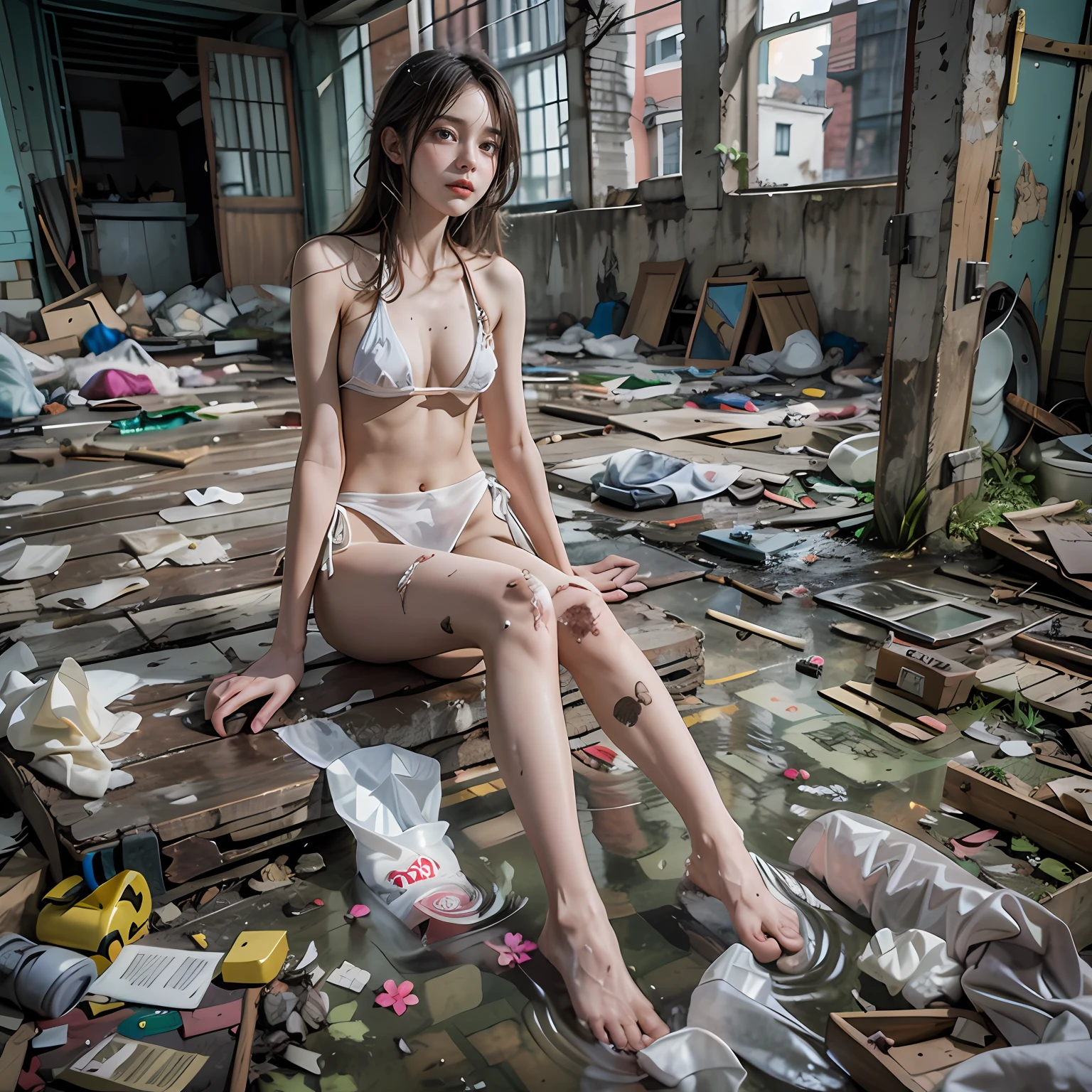Abandoned schools,Sexy standing pose,White transparent bikini,Exposing the genitals ,Garbage all over the ground,Dilapidated,Devastated,best qualtiy,full-body portraits(1:1),18 years old girls,lean and slender body,Skinny,Smaller bust,The barefoot,Leaky ,Leakage of all breasts,Naked all over the body