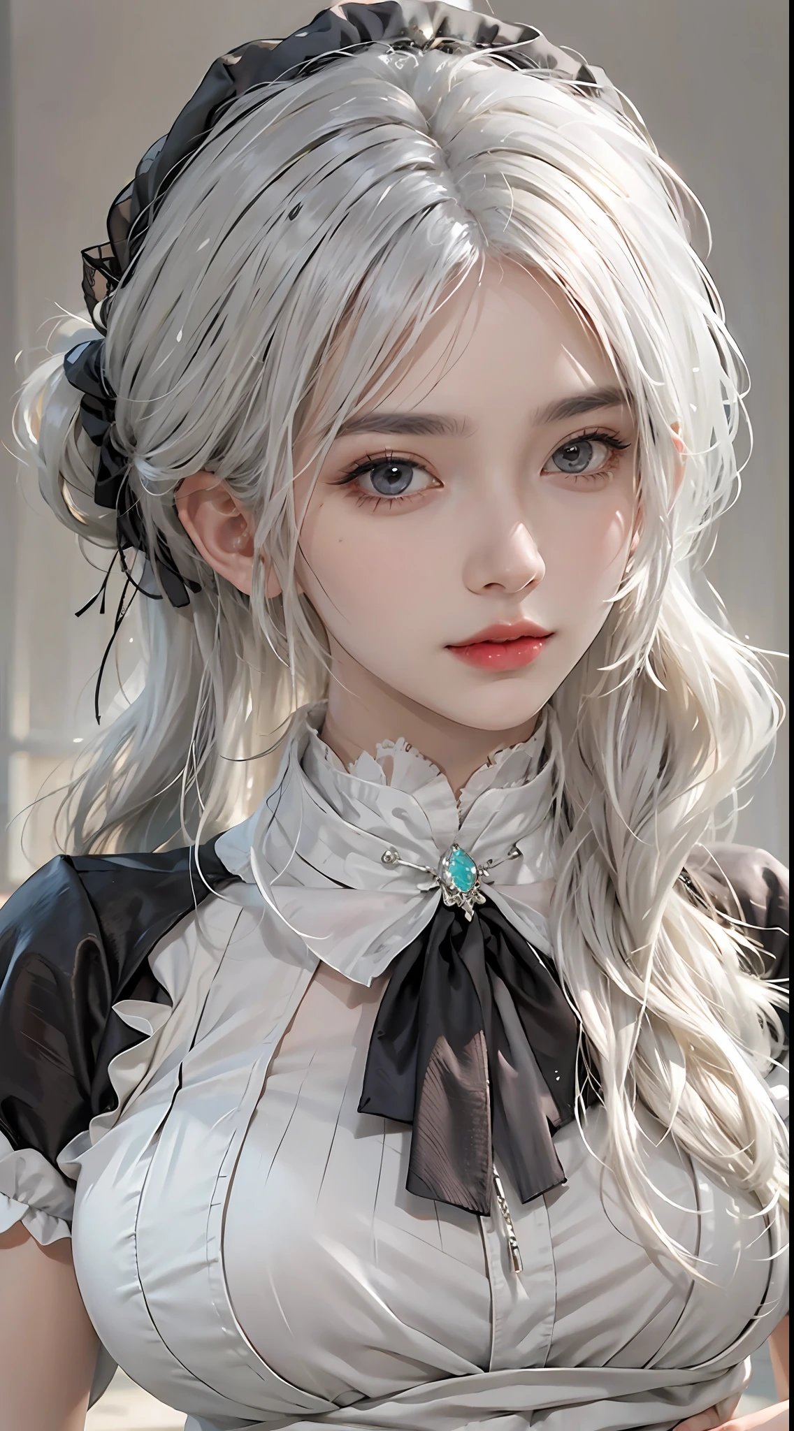 Photorealistic, high resolution, 1womanl, Solo, Hips up, view the viewer, (Detailed face), White hair, Long hair, Maid outfit, jewelry