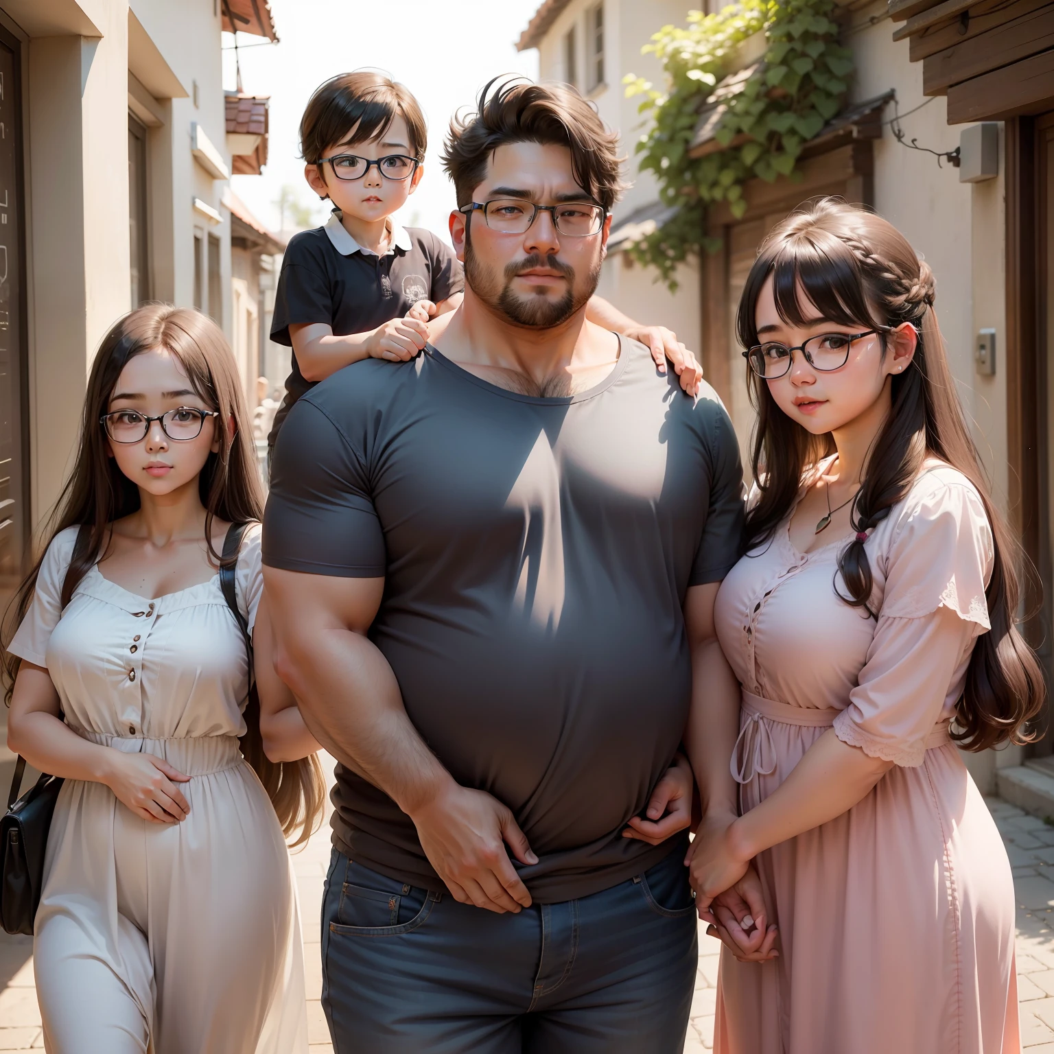 Family of 4，Dad wears glasses，Mom has long hair，The older brother is chubby，Sister cute