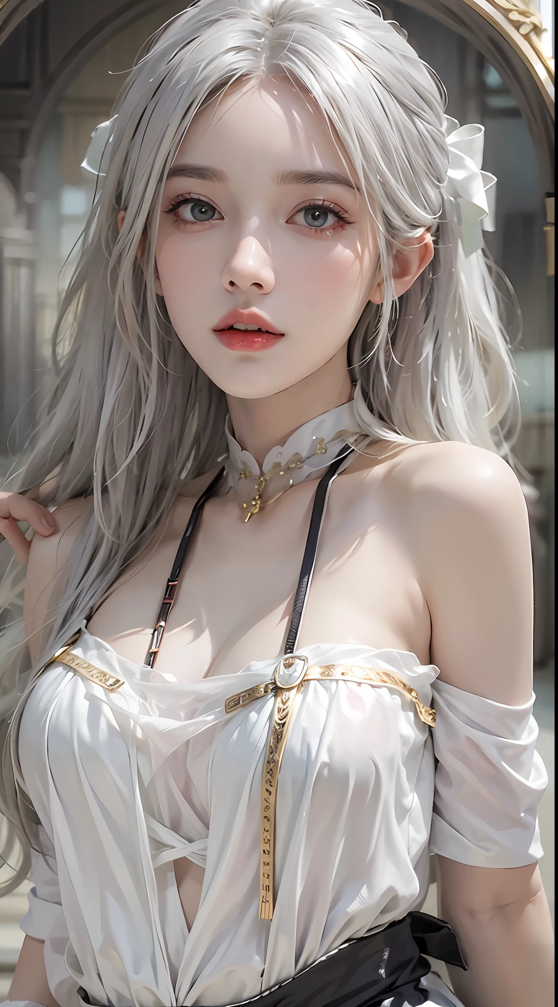 Photorealistic, high resolution, 1womanl, Solo, Hips up, view the viewer, (Detailed face), White hair, Long hair, Maid outfit, jewelry
