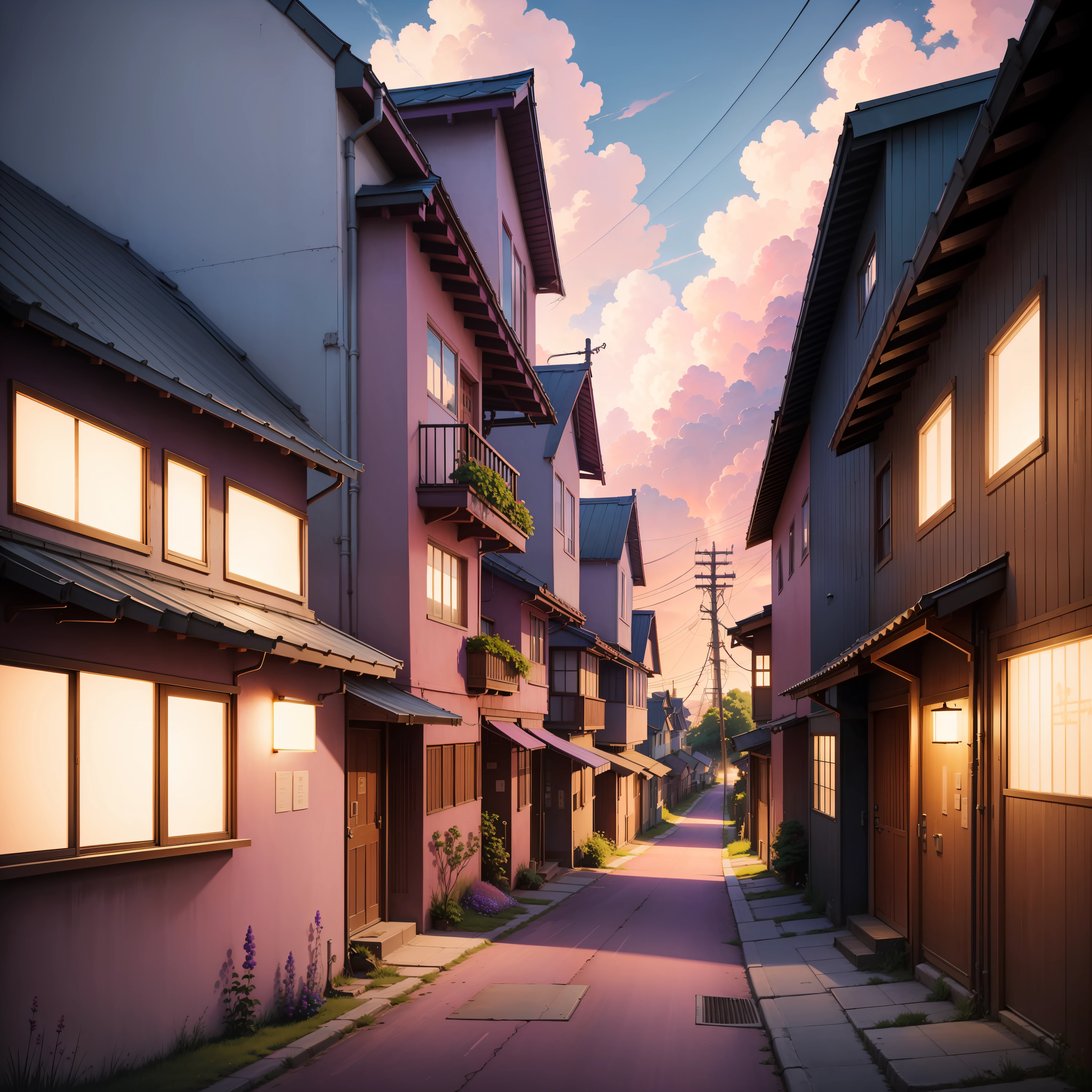The painting style comes from Hayao Miyazaki，Purple sky，Pink clouds，Country streets，wildflowers，electrical wires，the street lights，illumination
