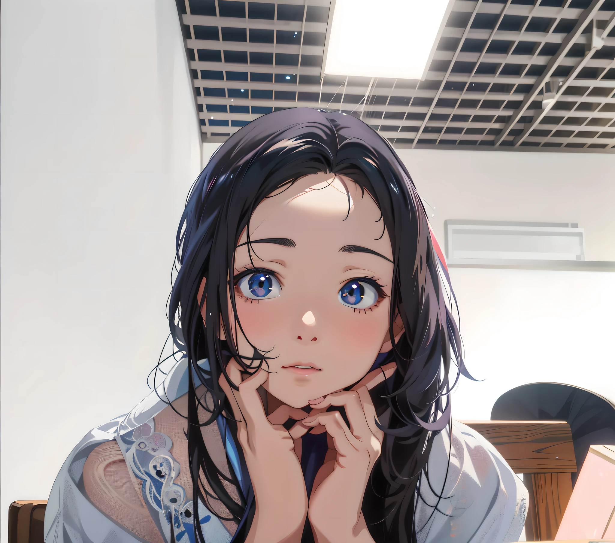 Anime girl with long hair and blue shirt sitting at table, Kawaii realistic portrait, Realistic anime 3 D style, Guviz-style artwork, Cute natural anime face, Realistic anime art style, Realistic young anime girl, Photorealistic anime, a beautiful anime portrait, Guviz, anime realism style, Cute anime girl, realistic anime artstyle, Beuatiful anime，Hand repair