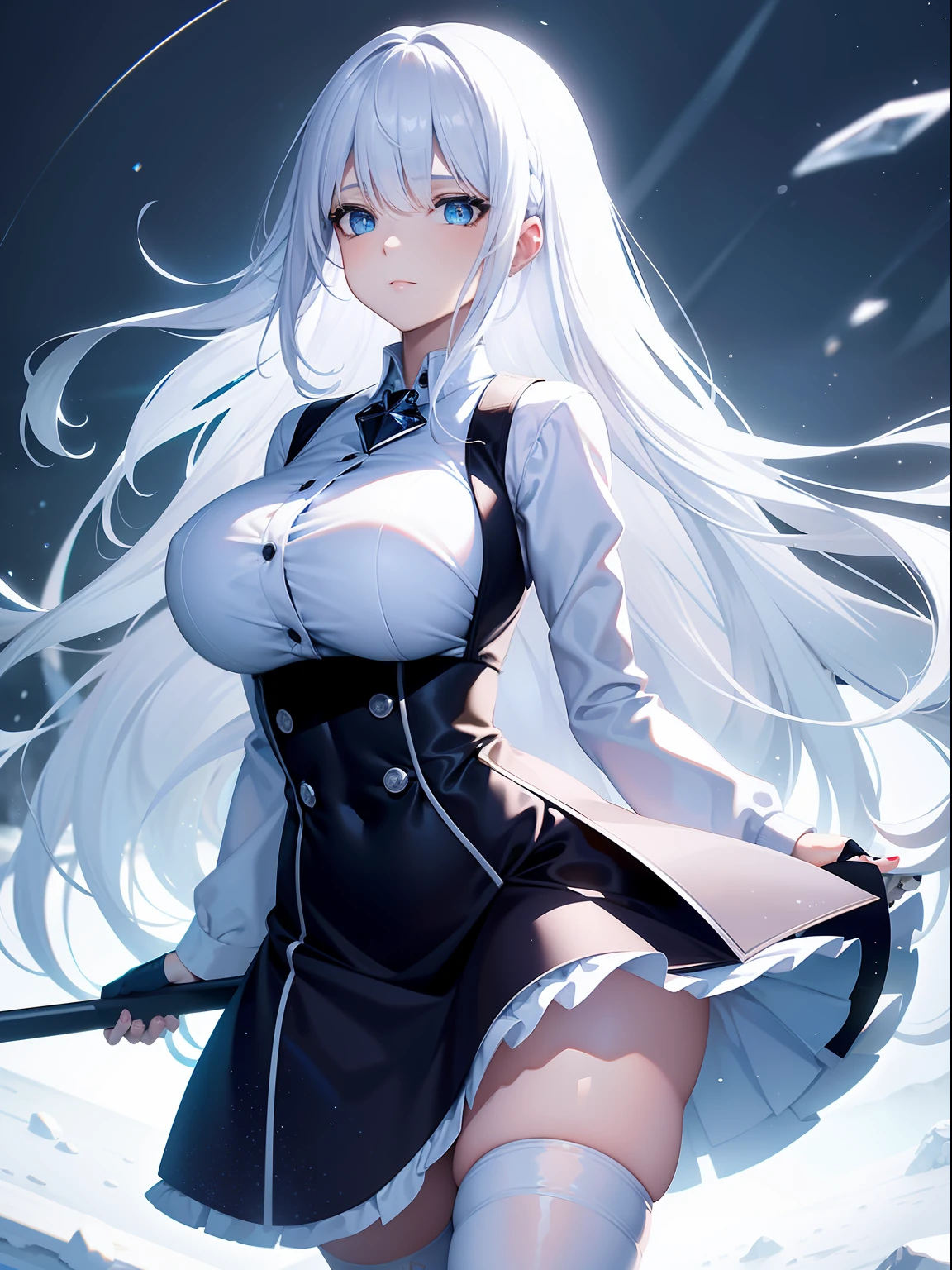 big breasts beautiful, Young woman, In the crystal and ice zone, Drifting snow, ride horse, White hours, Gradient hair, White hair, blue hairs, Long hair, eyes reflection, disdain, Ray traching, reflective light, bblurry, Glowing light, depth of fields, lightand shade contrast, stereograms, Zoom layer, cowboy lens, f/2.8, bokeh, tmasterpiece, best qualtiy, high qulity, k hd,White stockings