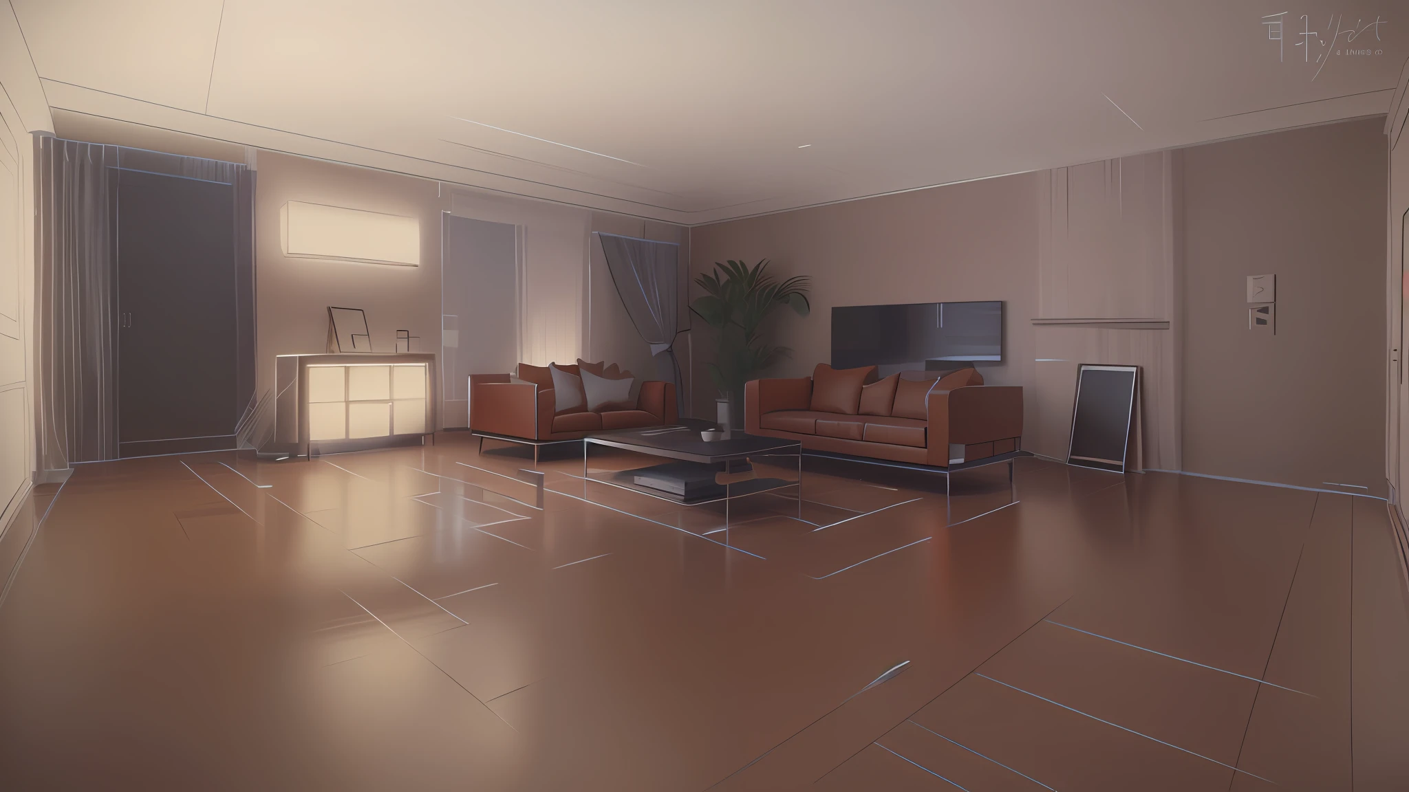 Arafede drawing of living room with sofa and coffee table, interior background art, Fundo sala de estar, indoor background, rendered lighting, with photorealistic lighting, Realistic shadows and lighting, comprehensive 2 d render, personal room background, in style of simplified realism, interior design background, gentle ambient lighting, sketched 4k, sketch illustratio, lighting study, background artwork