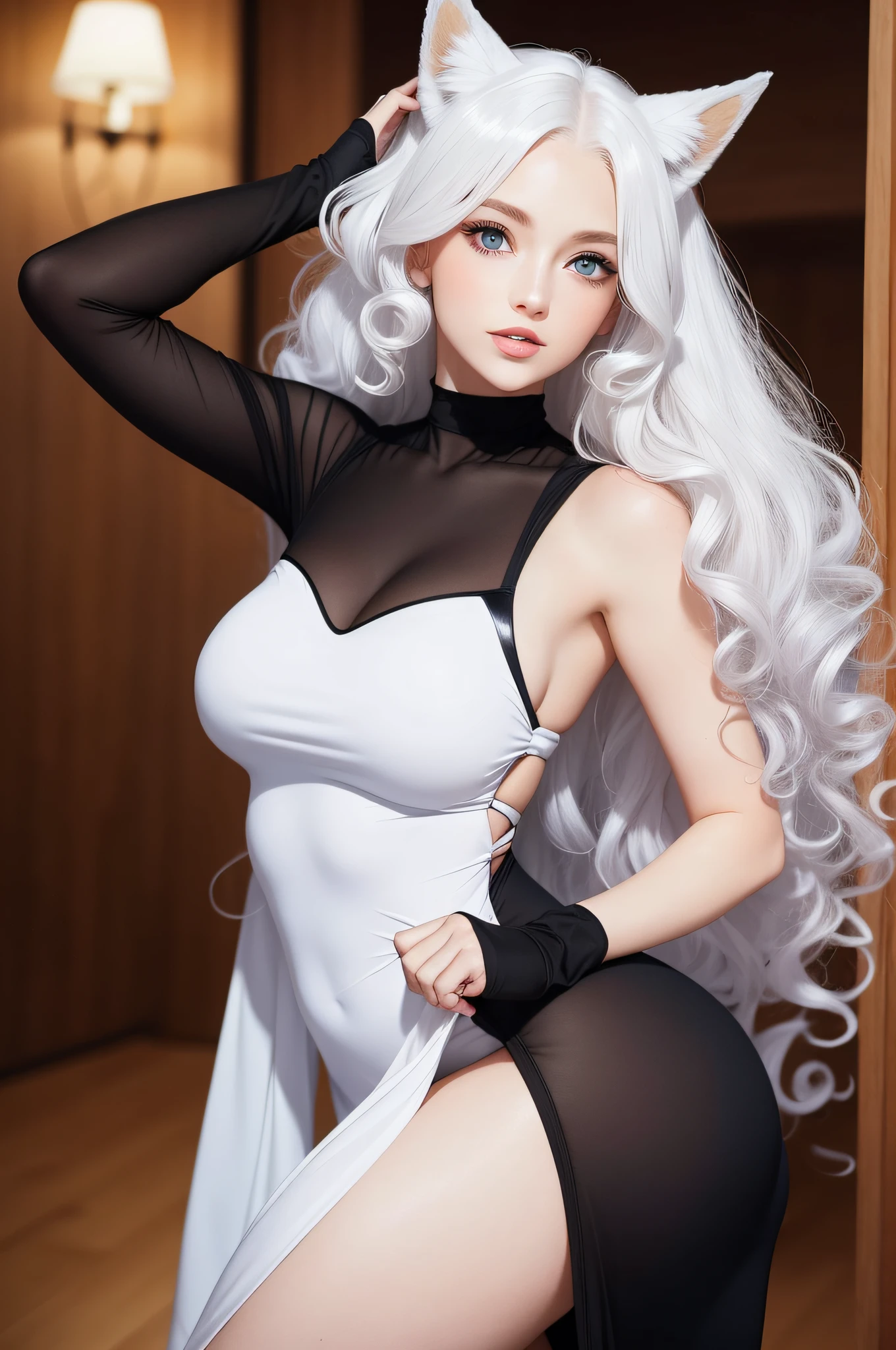 Woman with ,golden curly hair,Blue eyes,white fox ears,,black tight dress